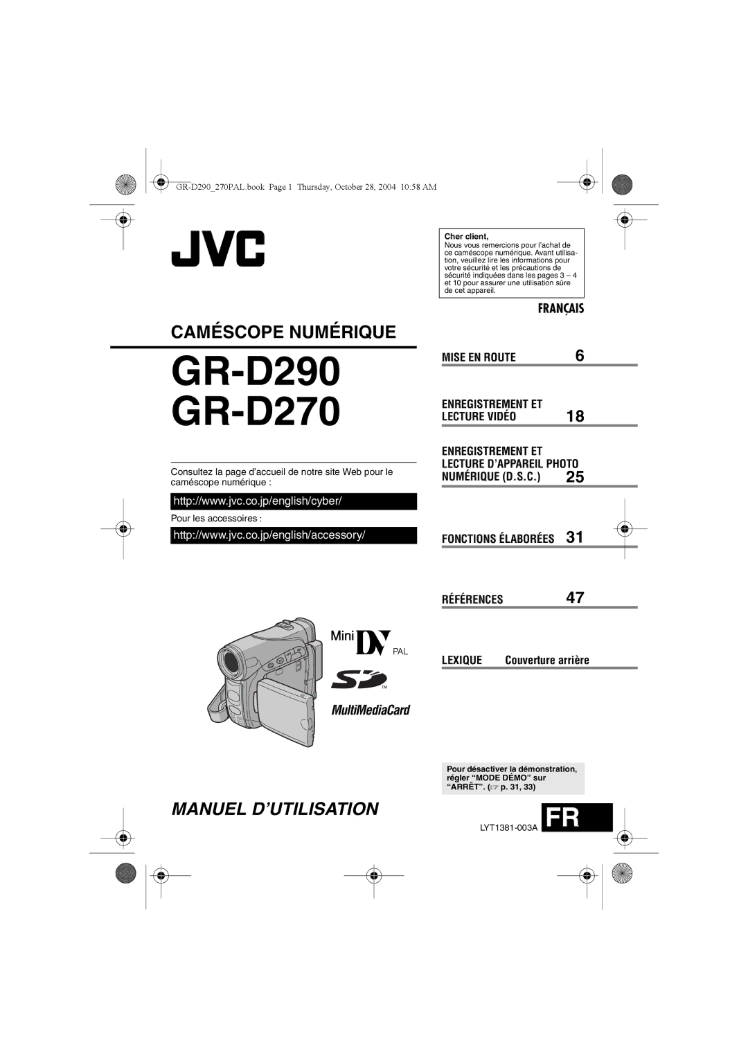 JVC GR-D290, GR-D270 manuel dutilisation Couverture arrière, Cher client 