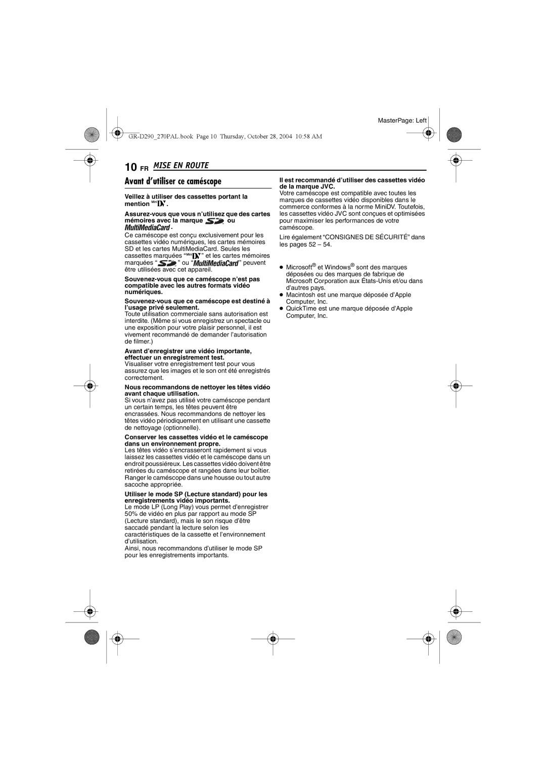 JVC GR-D270, GR-D290 manuel dutilisation Avant d’utiliser ce caméscope 