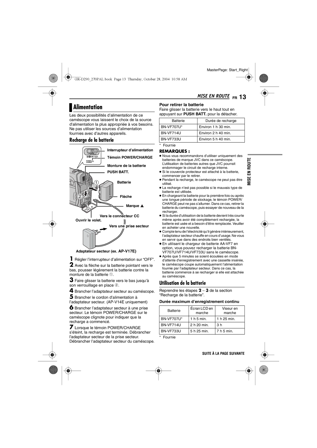 JVC GR-D290 Alimentation, Recharge de la batterie, Utilisation de la batterie, Durée maximum d’enregistrement continu 