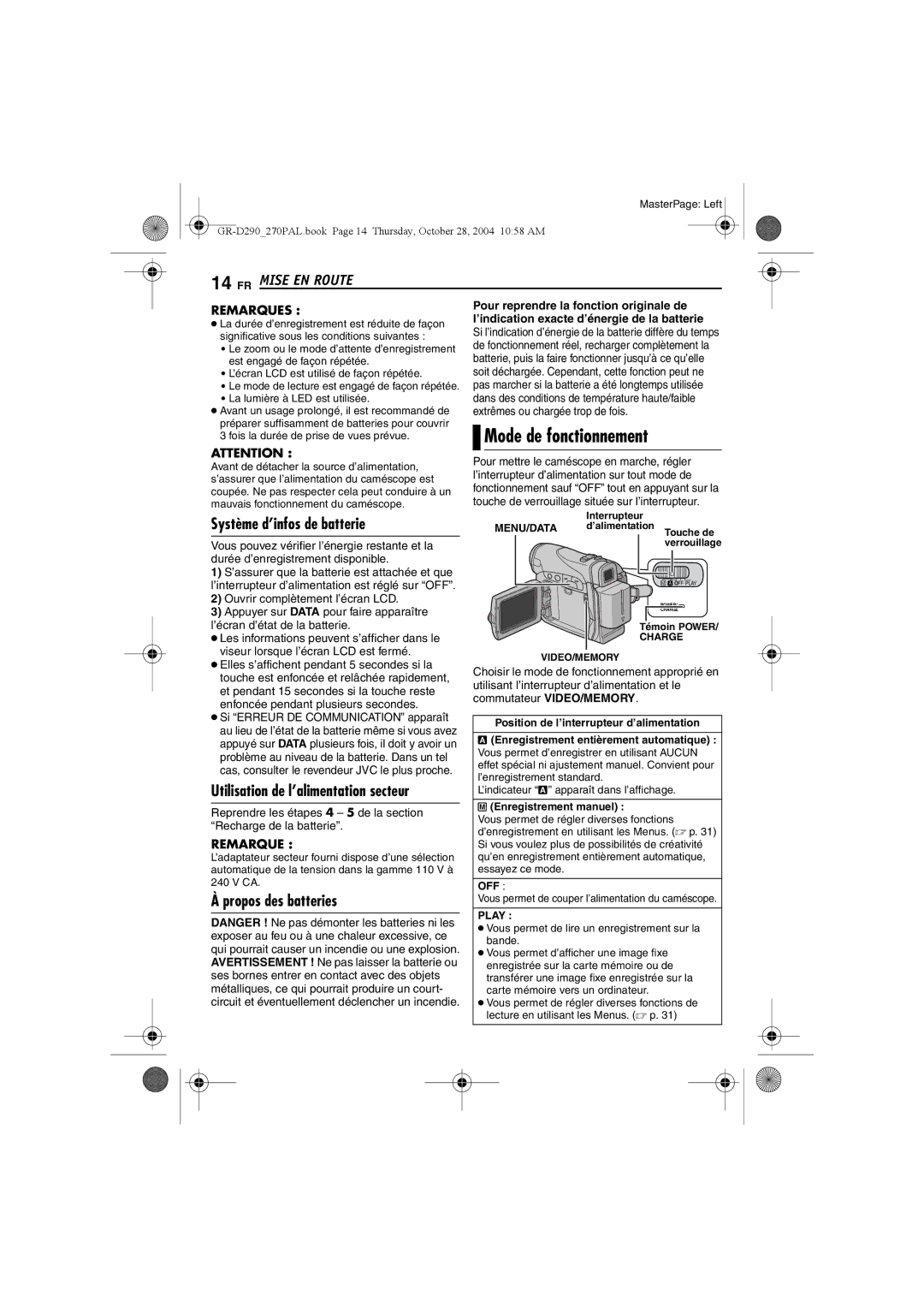 JVC GR-D270, GR-D290 Mode de fonctionnement, Système d’infos de batterie, Utilisation de l’alimentation secteur 