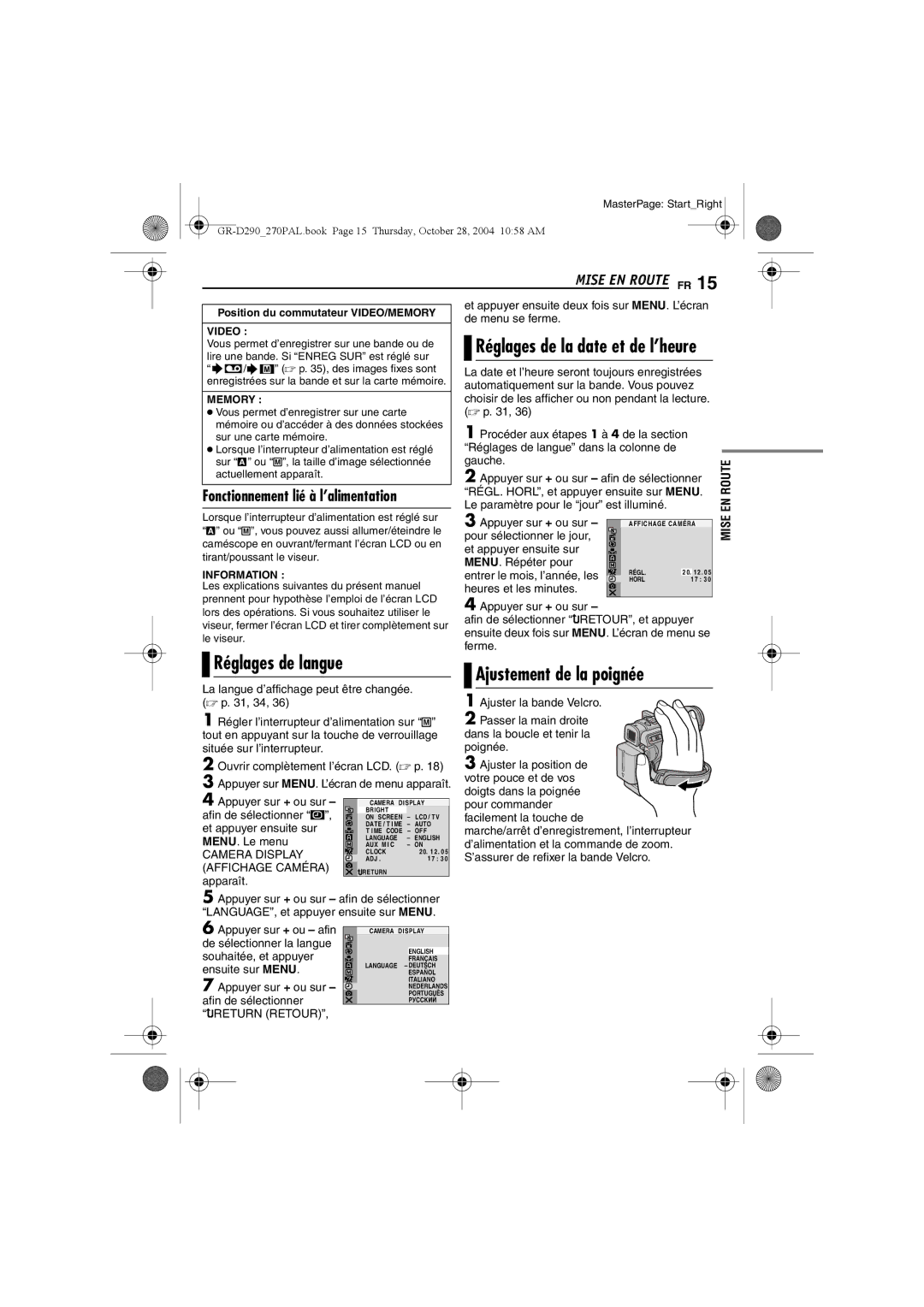 JVC GR-D290, GR-D270 Réglages de langue, Ajustement de la poignée, Réglages de la date et de l’heure, EN Route 