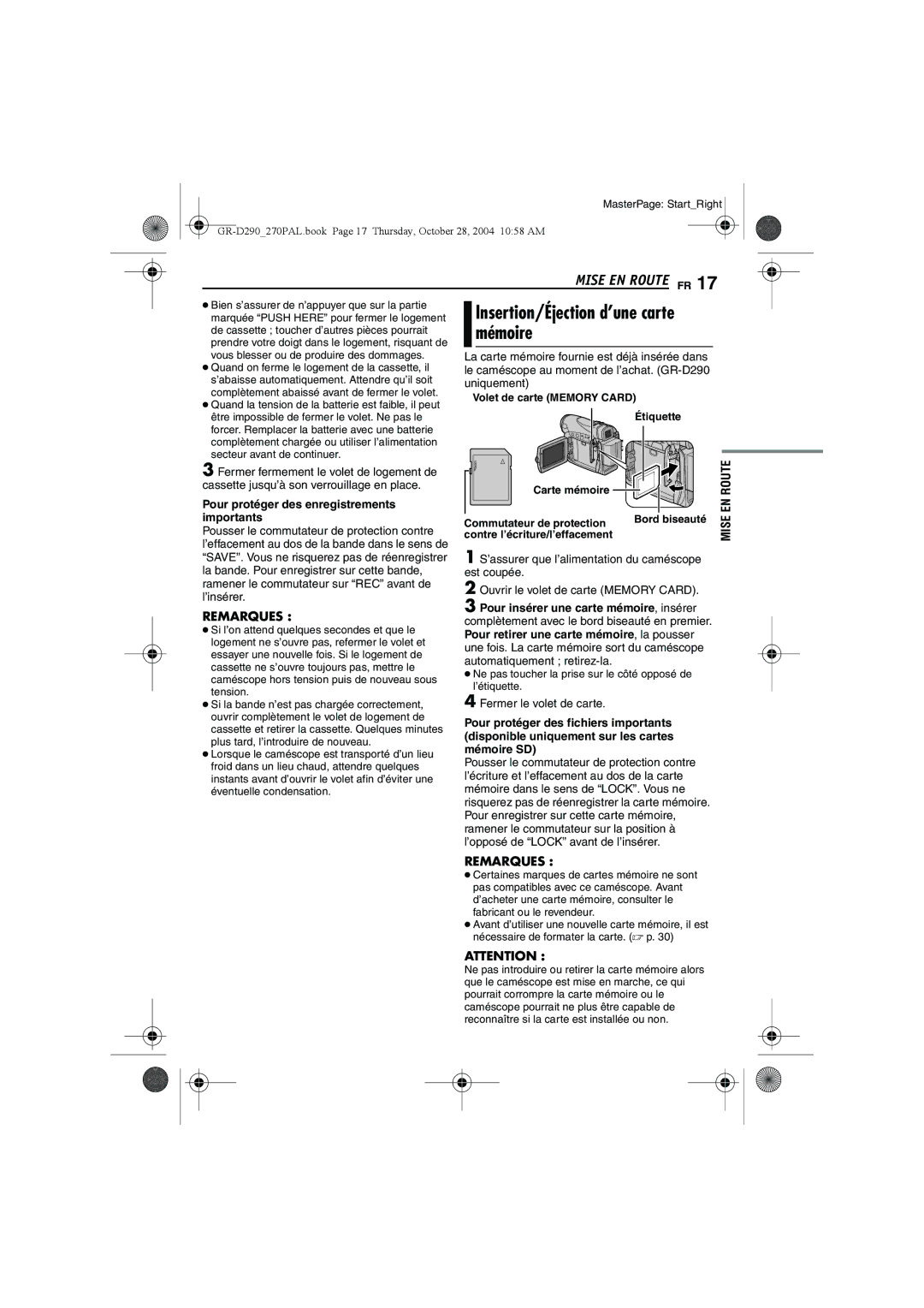 JVC GR-D290 Insertion/Éjection d’une carte mémoire, Pour protéger des enregistrements importants, Fermer le volet de carte 