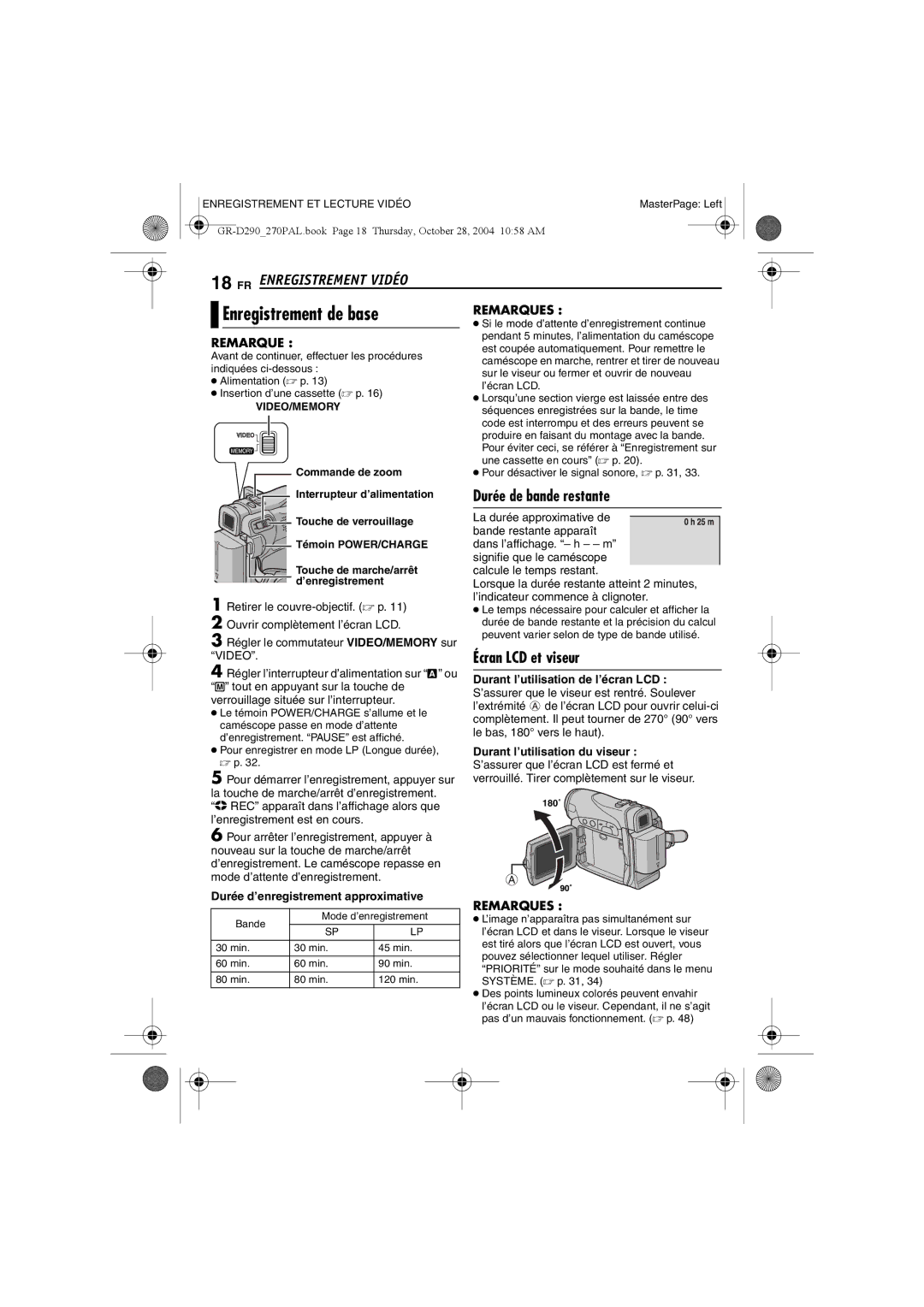 JVC GR-D270, GR-D290 manuel dutilisation 18 FR, Enregistrement Vidéo, Durée de bande restante, Écran LCD et viseur 