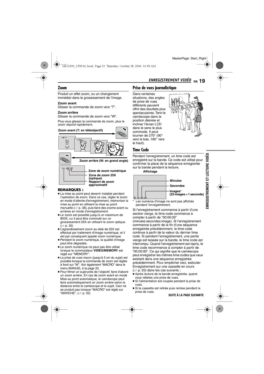 JVC GR-D290, GR-D270 manuel dutilisation Enregistrement Vidéo FR, Time Code, Zoom avant, Zoom arrière 