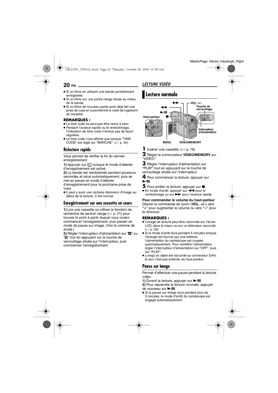 JVC GR-D270, GR-D290 manuel dutilisation 20 FR, Lecture normale, Lecture Vidéo, Relecture rapide, Pause sur image 