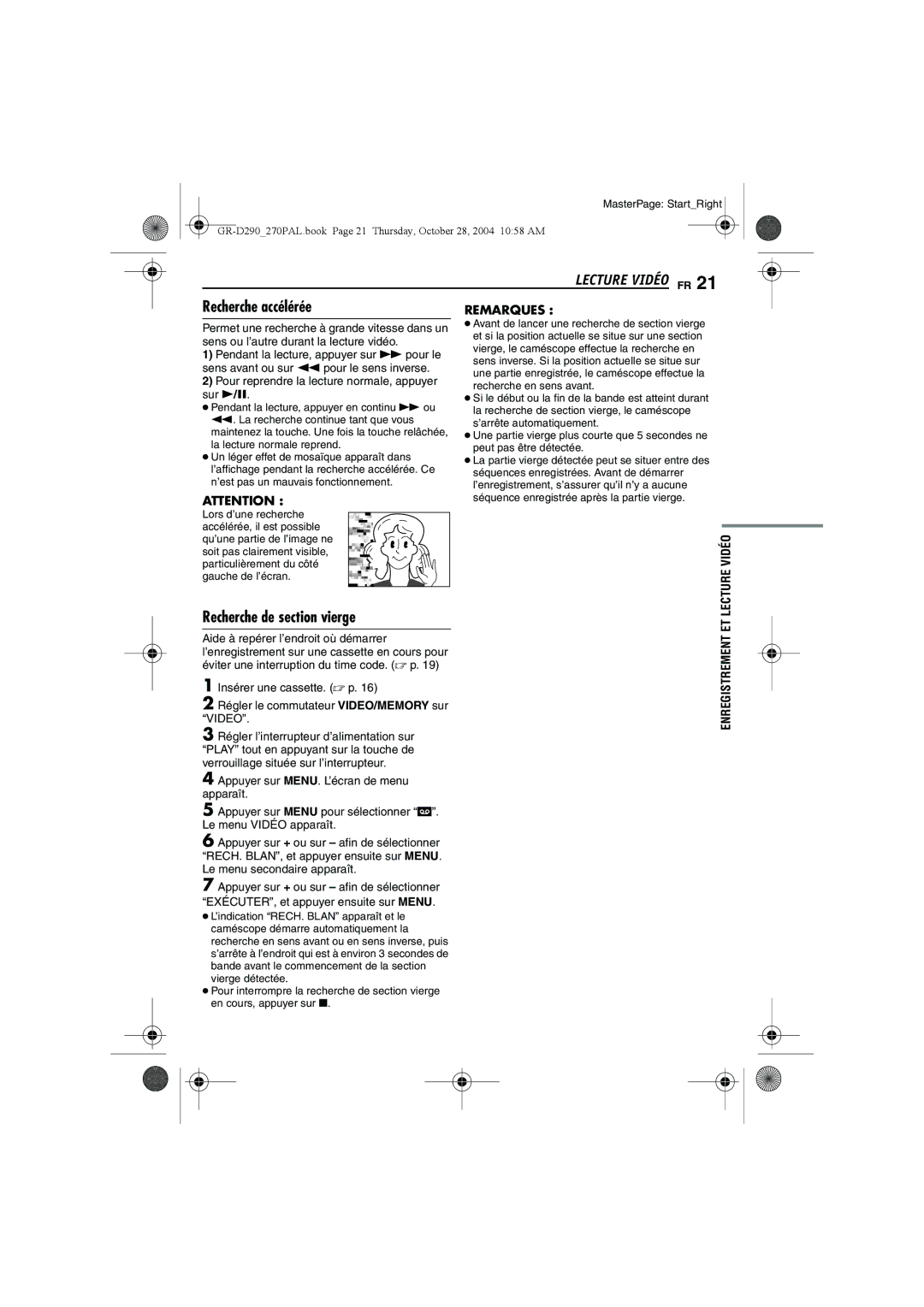JVC GR-D290, GR-D270 Lecture Vidéo FR, Recherche accélérée, Recherche de section vierge, Enregistrement ET 