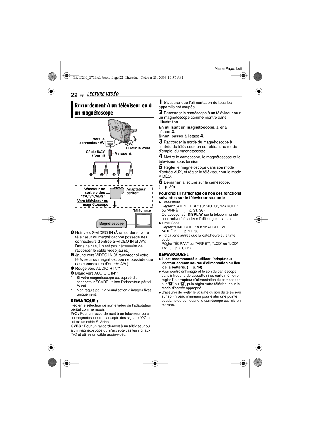 JVC GR-D270 FR Lecture Vidéo, Raccordement à un téléviseur ou à un magnétoscope, Démarrer la lecture sur le caméscope.  p 