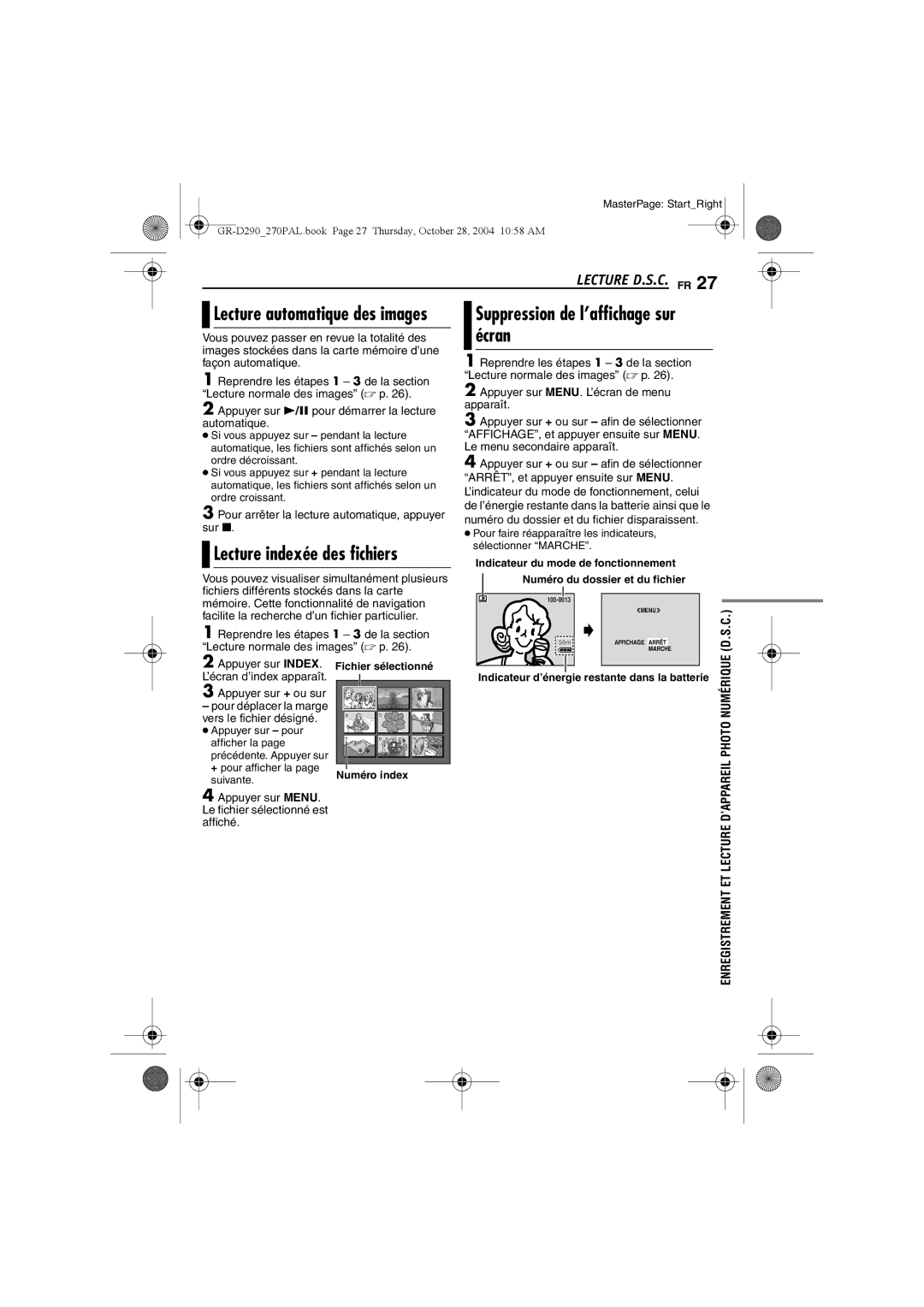 JVC GR-D290, GR-D270 manuel dutilisation Écran, Suppression de l’affichage sur, Lecture automatique des images 