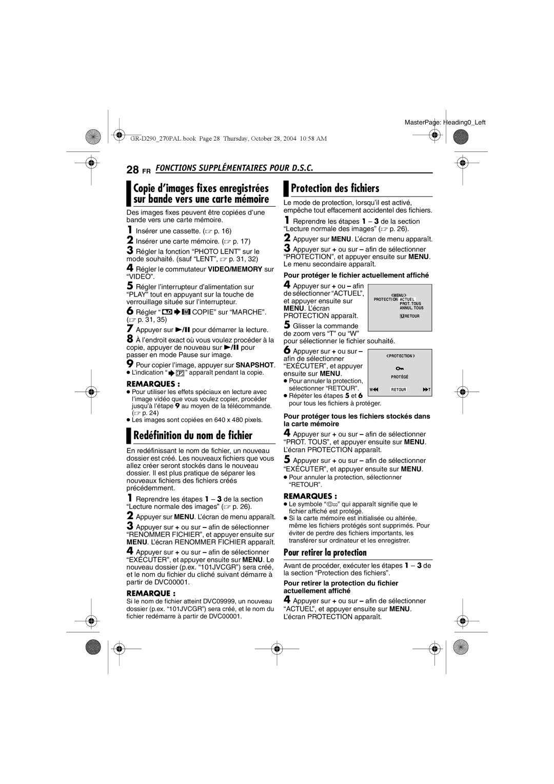 JVC GR-D270, GR-D290 Protection des fichiers, FR Fonctions Supplémentaires Pour D.S.C, Pour retirer la protection 