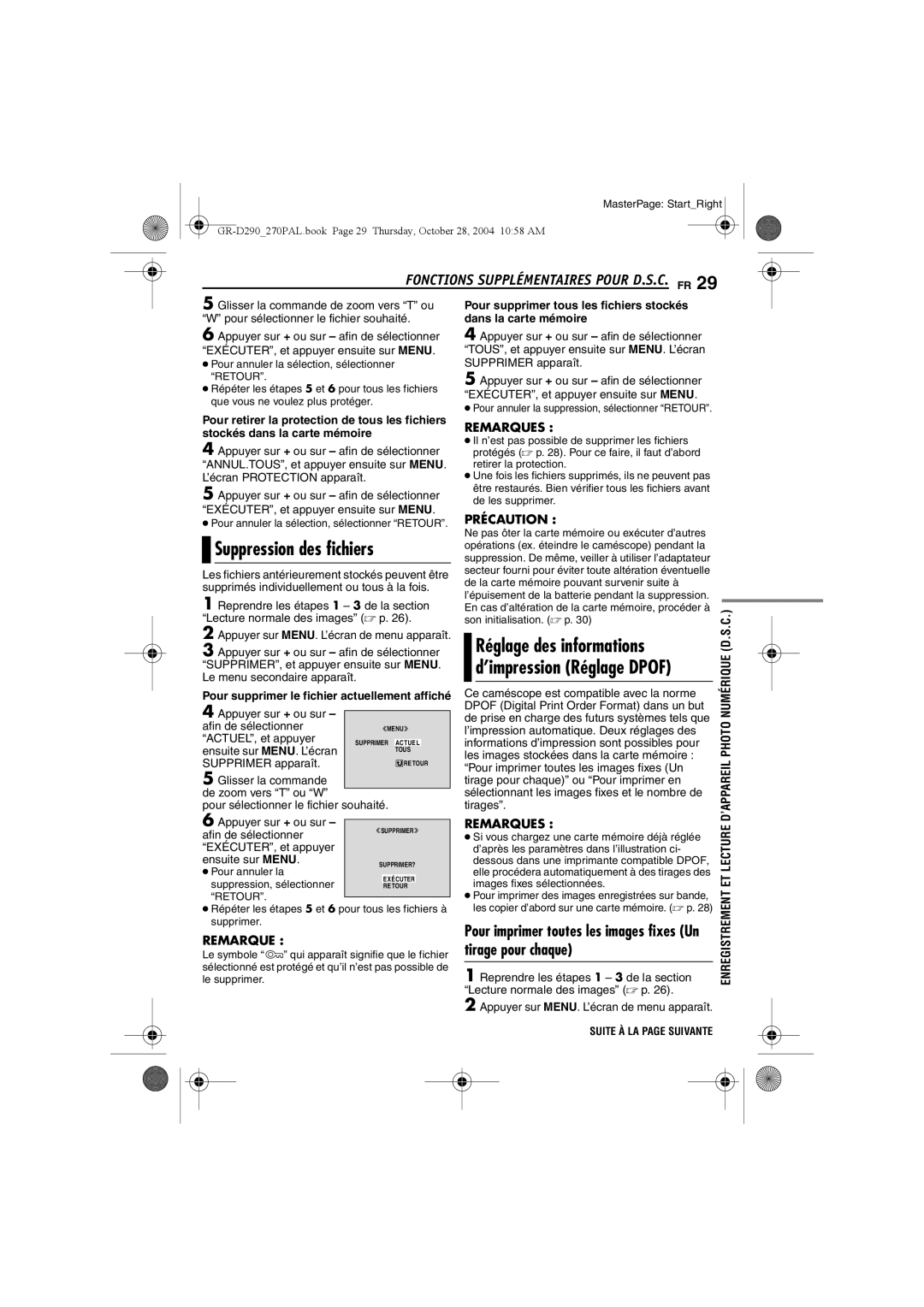 JVC GR-D290, GR-D270 manuel dutilisation Suppression des fichiers, Fonctions Supplémentaires Pour D.S.C. FR 