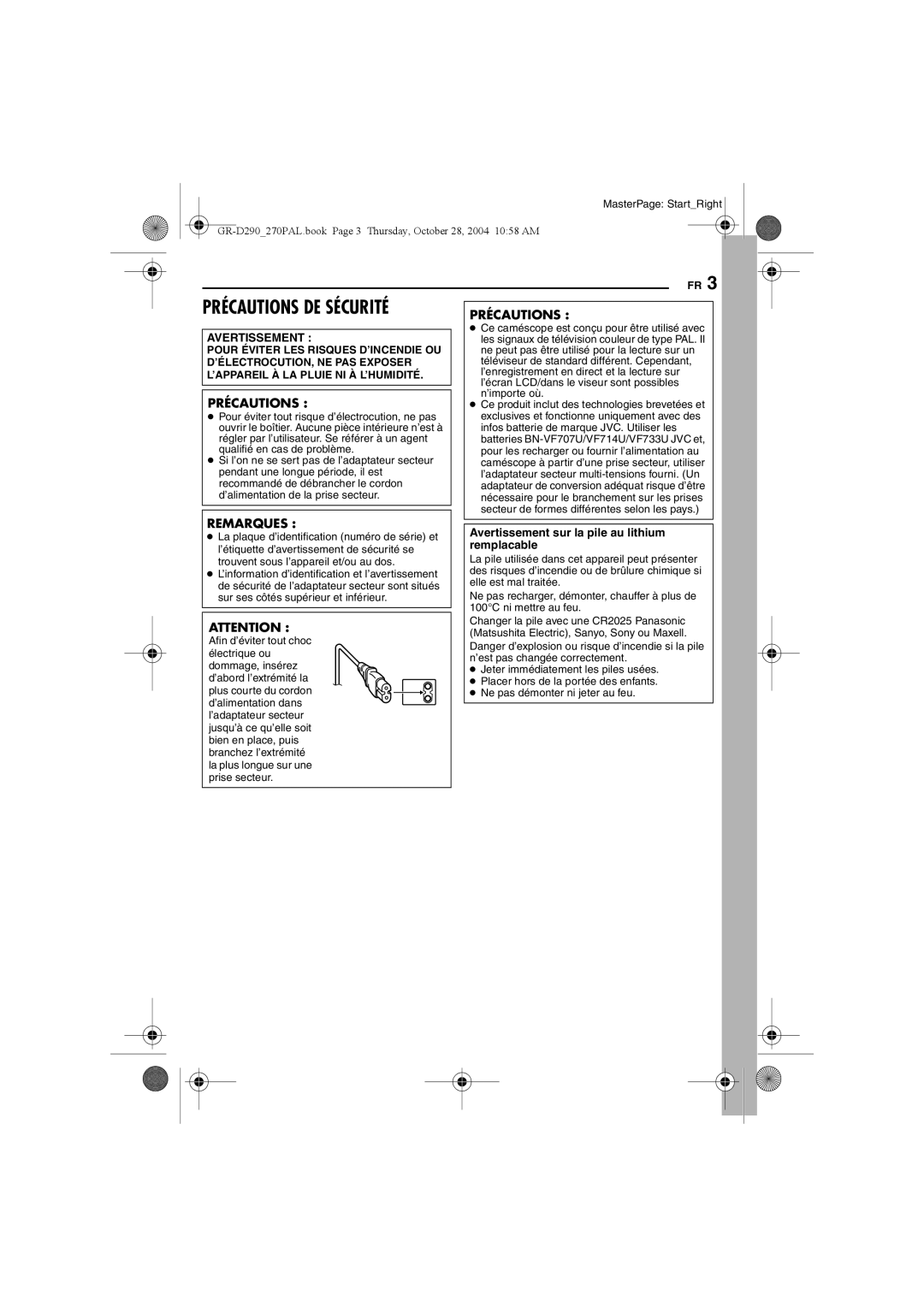 JVC GR-D290, GR-D270 manuel dutilisation Précautions, Remarques, Avertissement sur la pile au lithium remplacable 