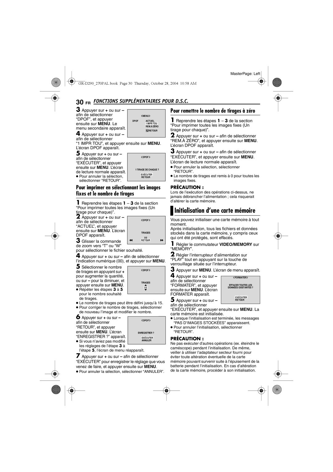 JVC GR-D270, GR-D290 manuel dutilisation Initialisation d’une carte mémoire, Pour remettre le nombre de tirages à zéro 