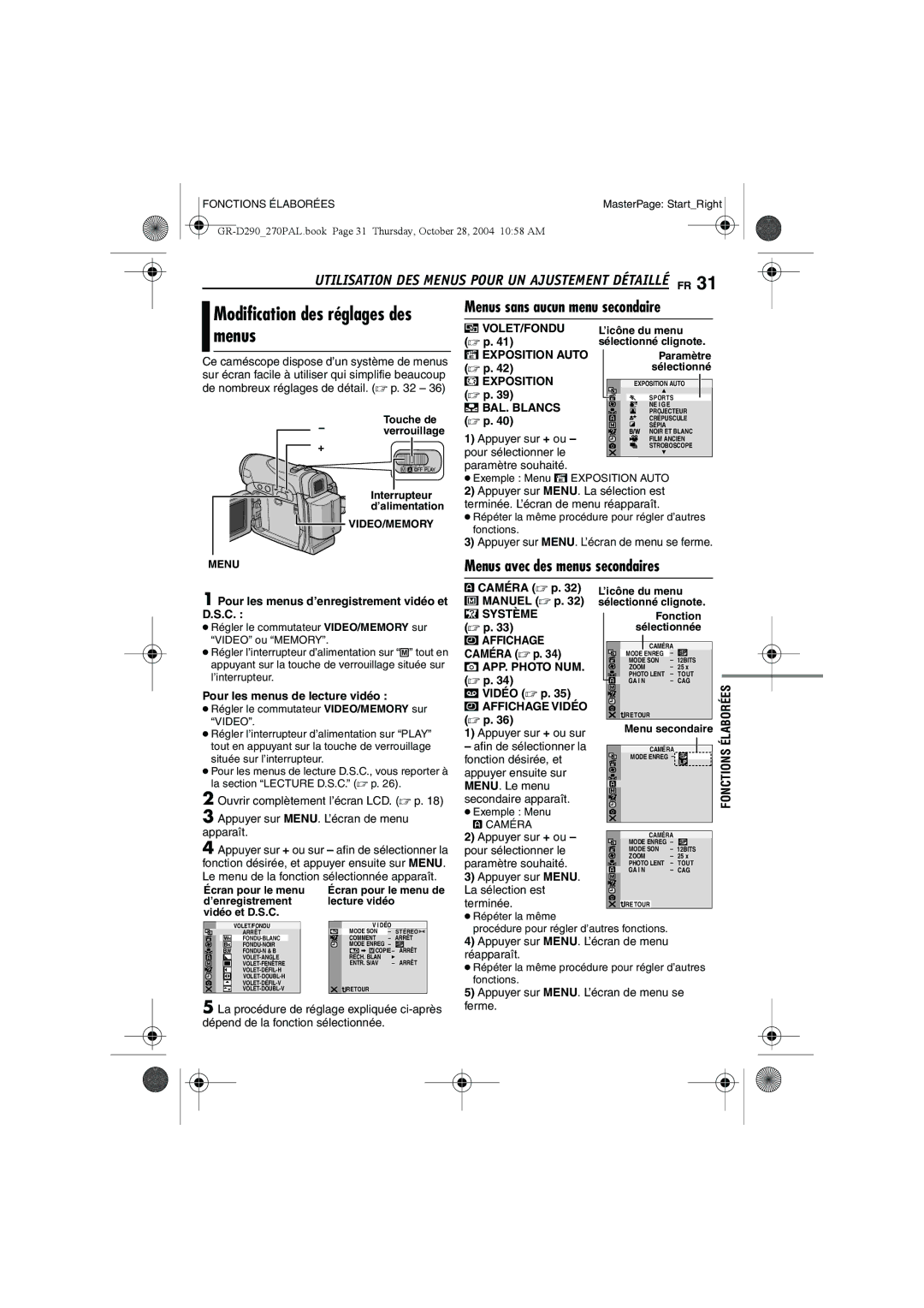 JVC GR-D290, GR-D270 Utilisation DES Menus Pour UN Ajustement Détaillé FR, Menus sans aucun menu secondaire 