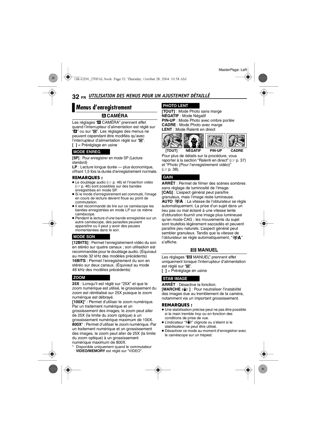 JVC GR-D270, GR-D290 manuel dutilisation Menus d’enregistrement, FR Utilisation DES Menus Pour UN Ajustement Détaillé 