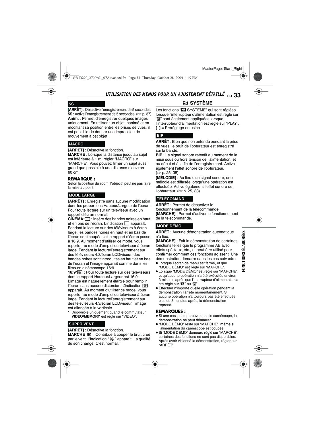 JVC GR-D290, GR-D270 manuel dutilisation Macro, Mode Large, Suppr Vent, Bip, Télécomand, Mode Démo 