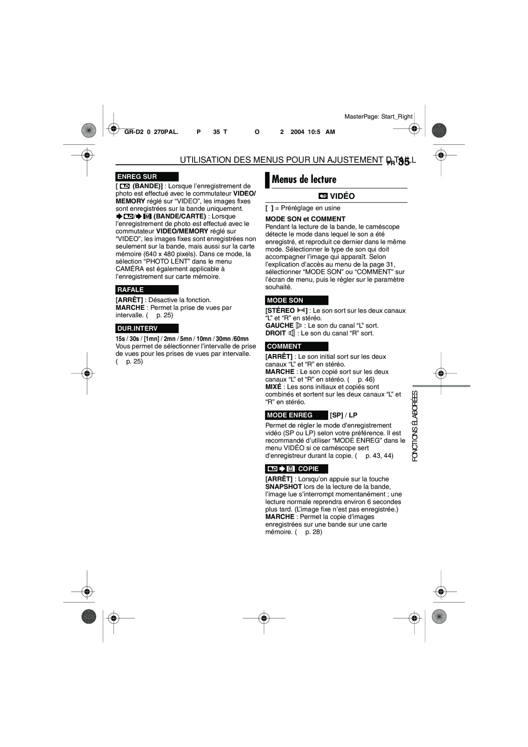 JVC GR-D290, GR-D270 manuel dutilisation Menus de lecture 