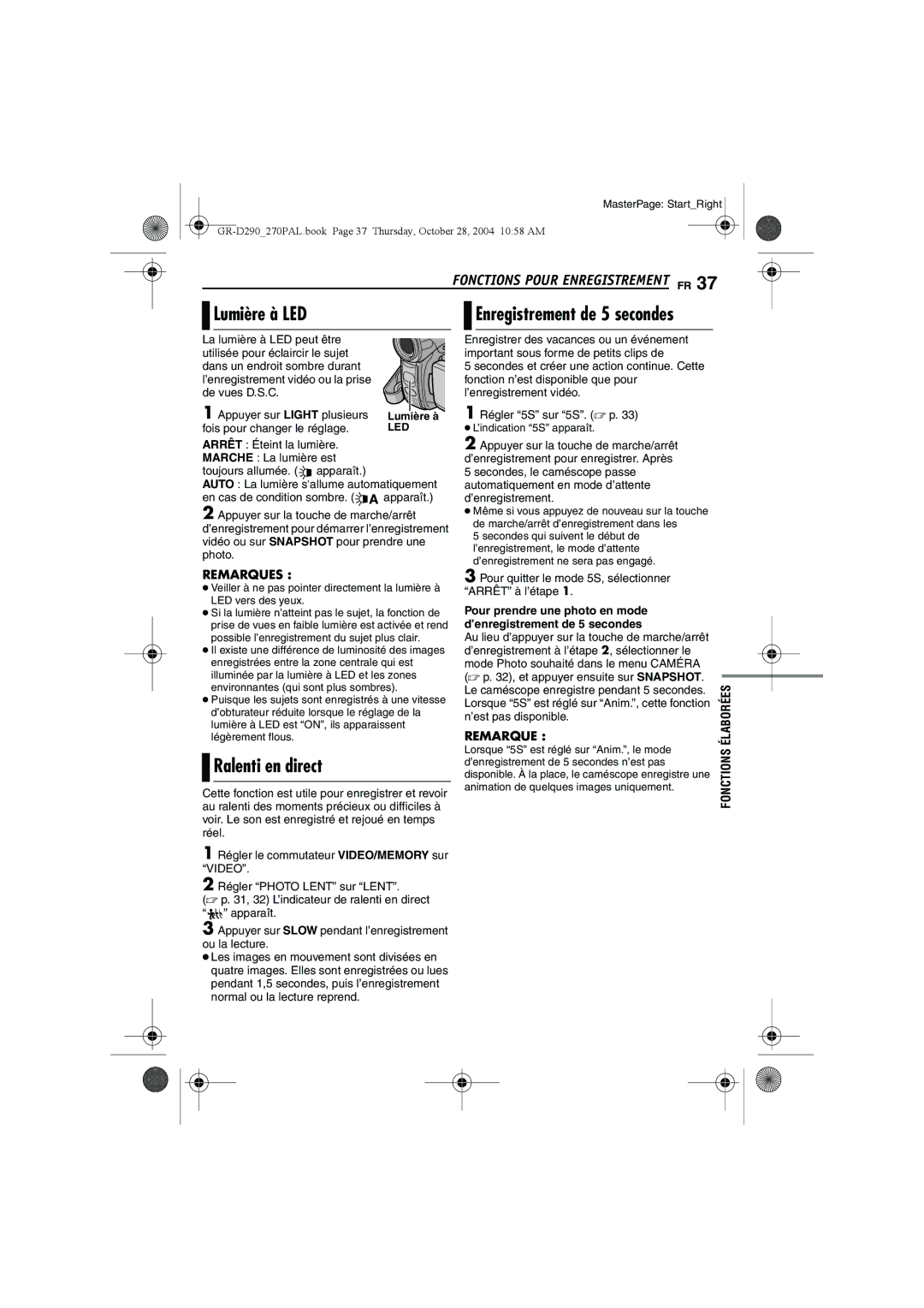JVC GR-D290, GR-D270 Lumière à LED, Ralenti en direct, Fonctions Pour Enregistrement FR, Fois pour changer le réglage 