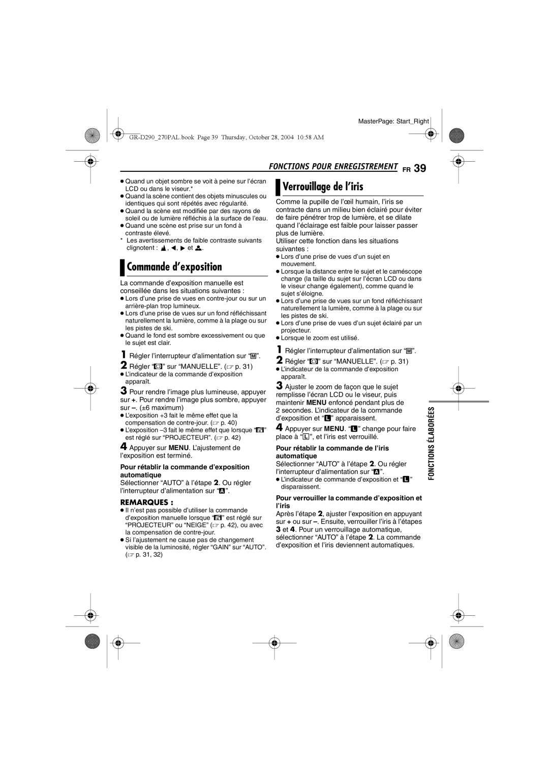 JVC GR-D290, GR-D270 manuel dutilisation Verrouillage de l’iris, Commande d’exposition 