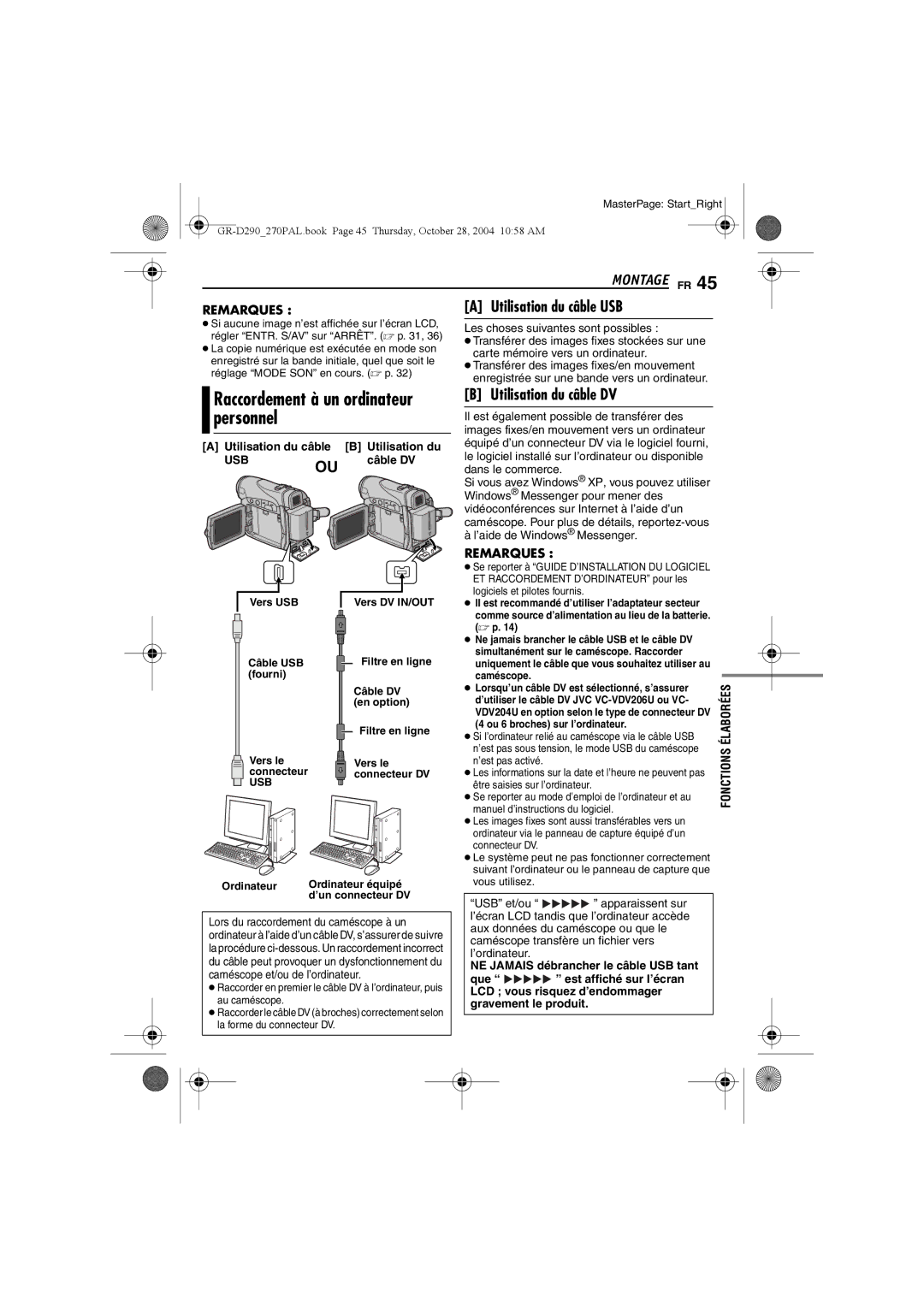 JVC GR-D290, GR-D270 Raccordement à un ordinateur personnel, Utilisation du câble DV, Utilisation du câble USB, Usb 