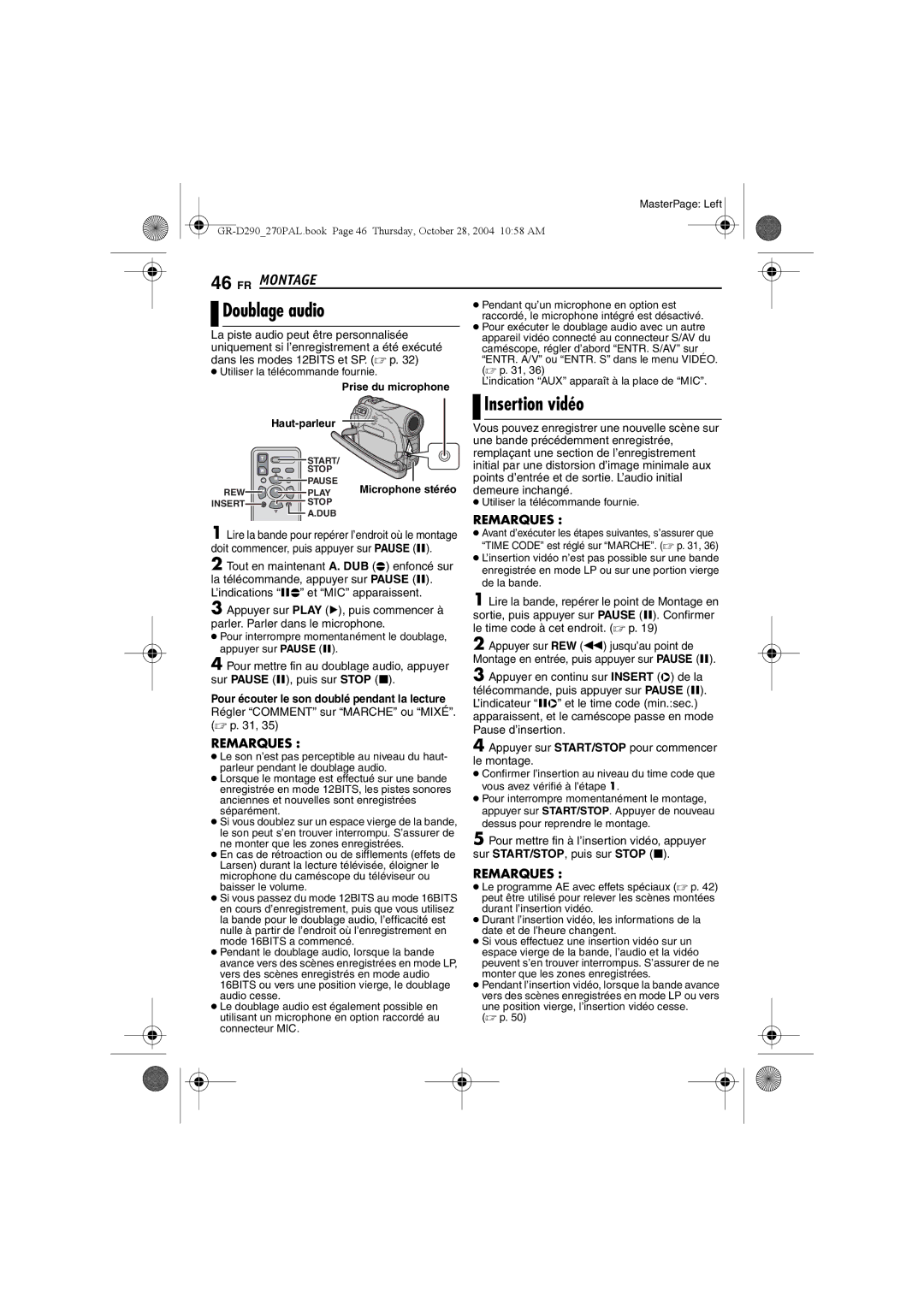 JVC GR-D270 Doublage audio, Insertion vidéo, La piste audio peut être personnalisée, Dans les modes 12BITS et SP.  p 