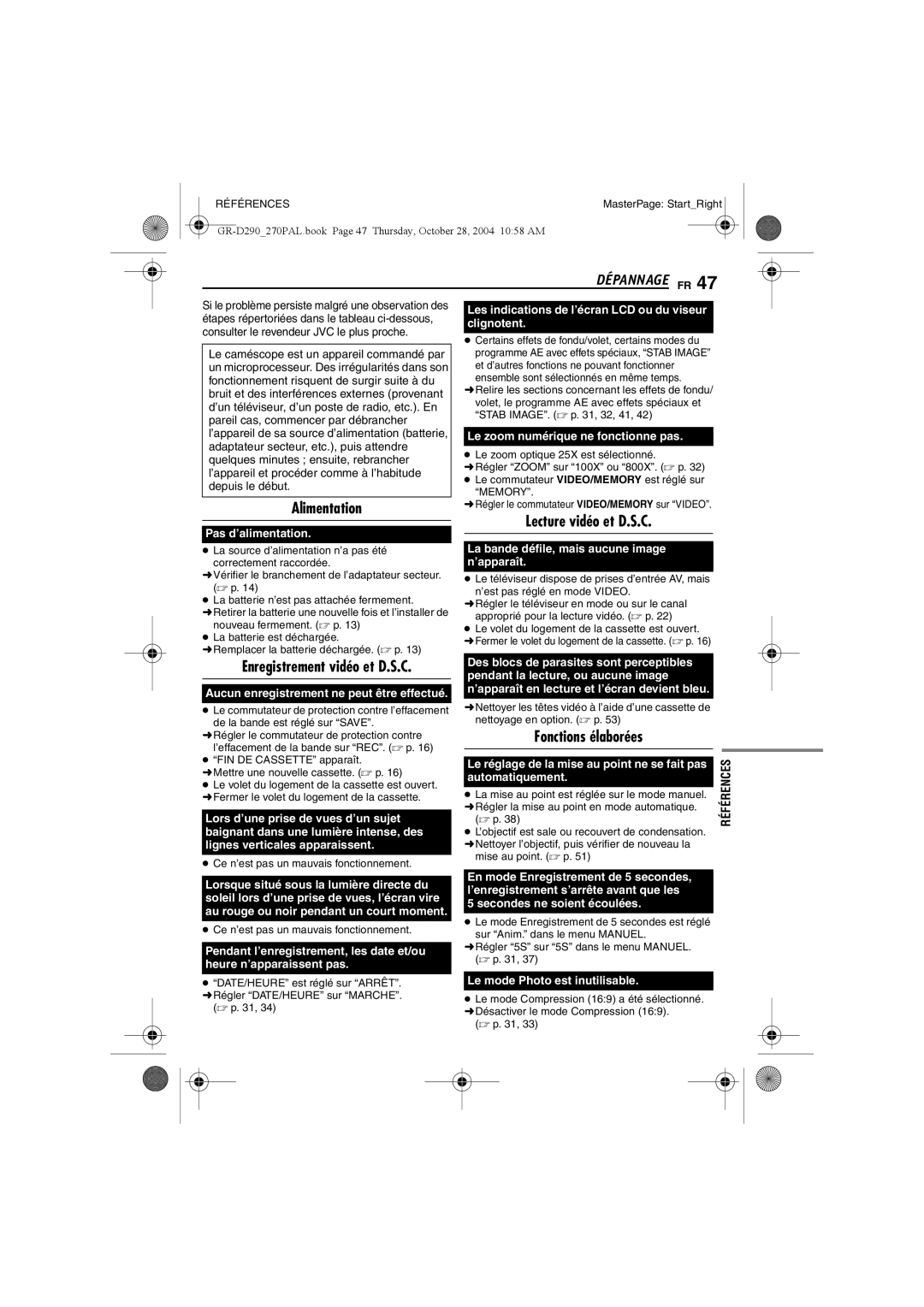 JVC GR-D290 Dépannage FR, Alimentation, Lecture vidéo et D.S.C, Fonctions élaborées, Enregistrement vidéo et D.S.C 