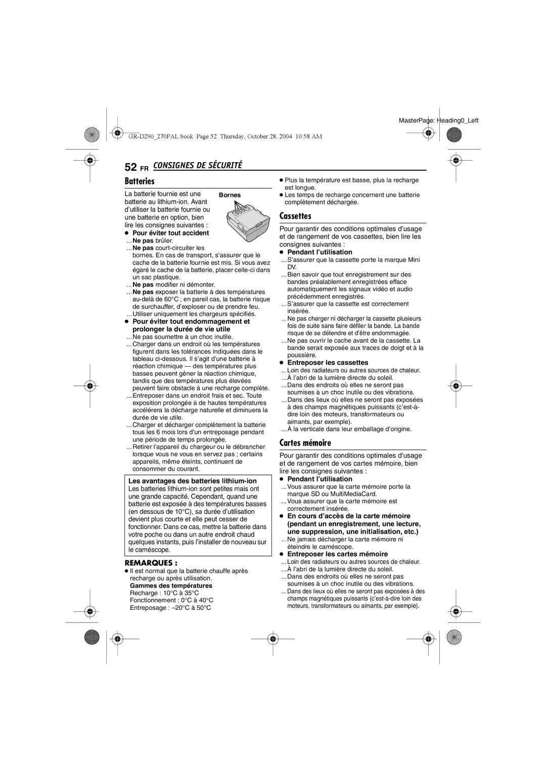 JVC GR-D270, GR-D290 manuel dutilisation FR Consignes DE Sécurité, Batteries, Cassettes, Cartes mémoire 