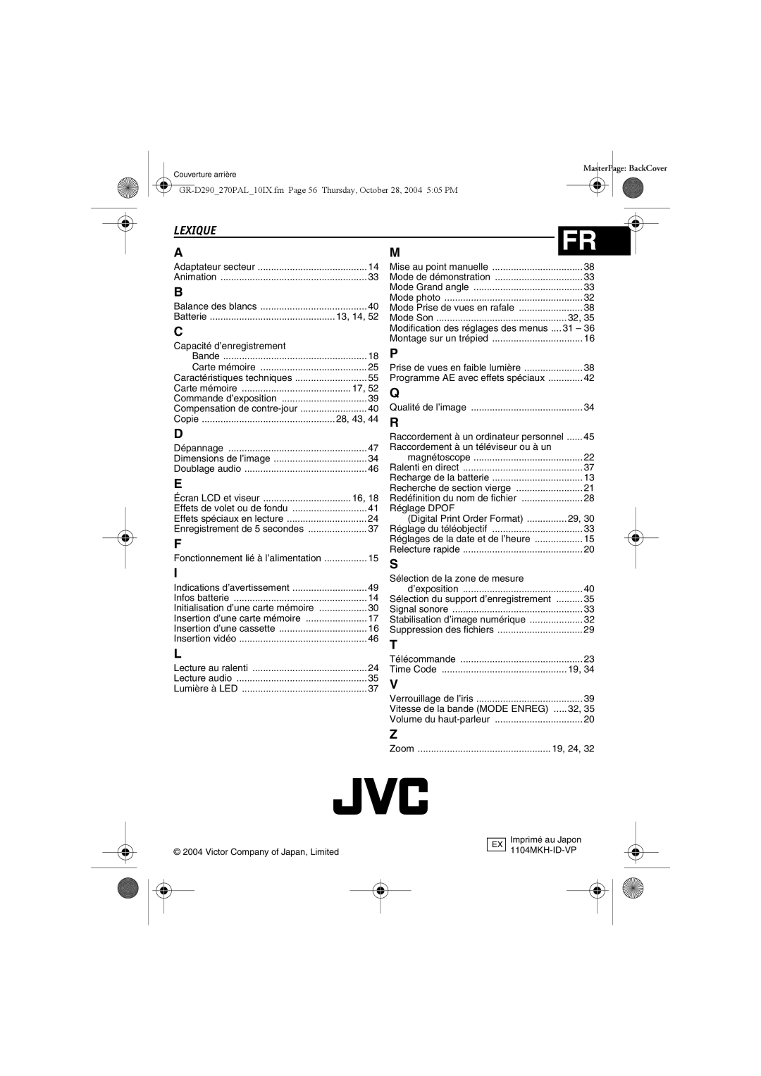 JVC GR-D270, GR-D290 manuel dutilisation Lexique, Capacité d’enregistrement, Réglage Dpof, Sélection de la zone de mesure 