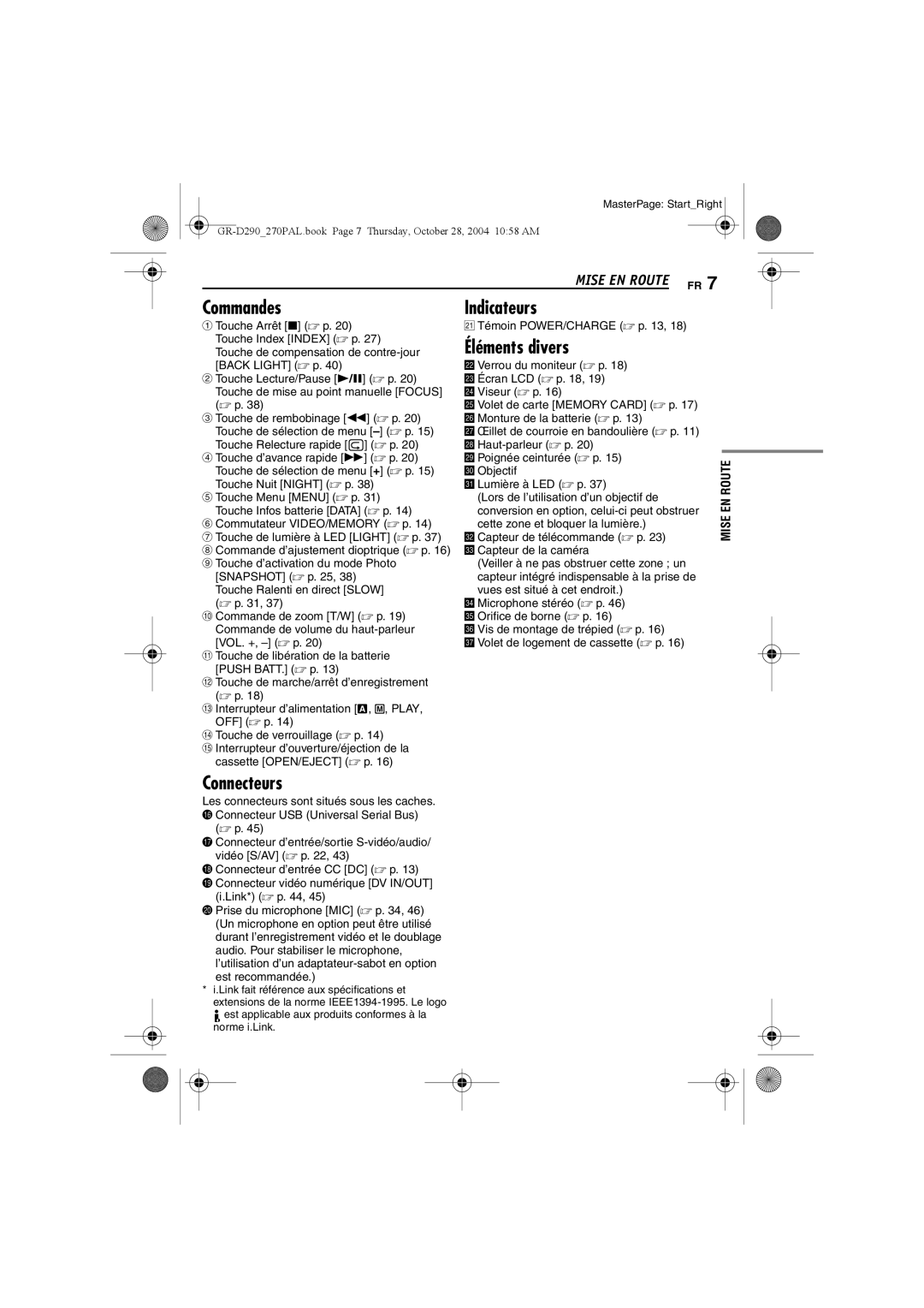 JVC GR-D290, GR-D270 manuel dutilisation Commandes, Indicateurs, Éléments divers, Connecteurs, Mise EN Route 