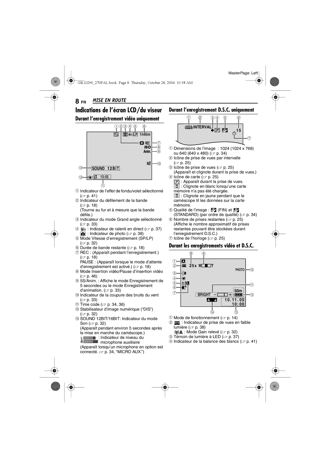 JVC GR-D270, GR-D290 manuel dutilisation Mise EN Route, Indications de l’écran LCD/du viseur, Sound 12BI T 