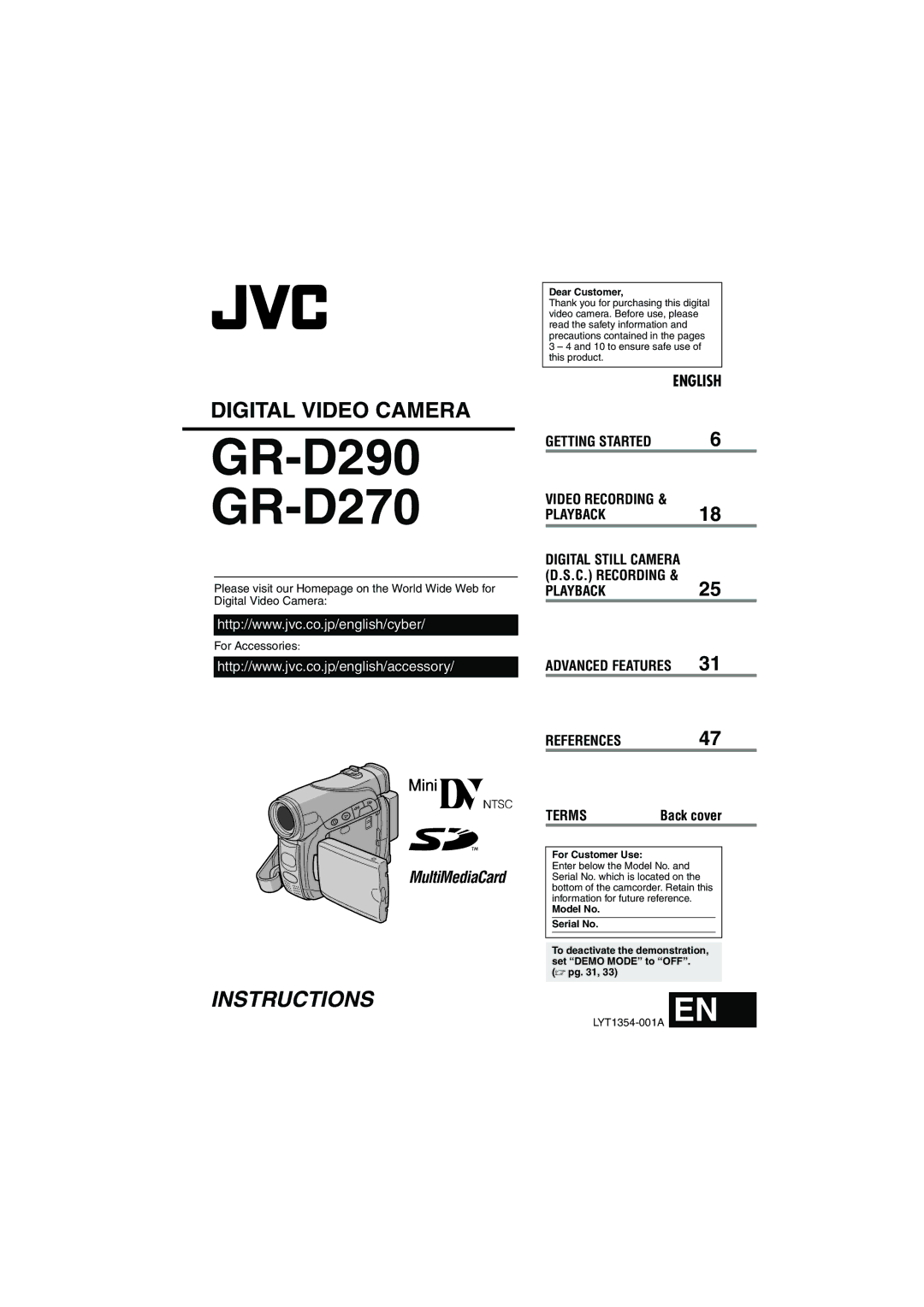 JVC GR-D290 GR-D270 manual Digital Still Camera D.S.C. Recording, Dear Customer, For Customer Use, Model No Serial No 