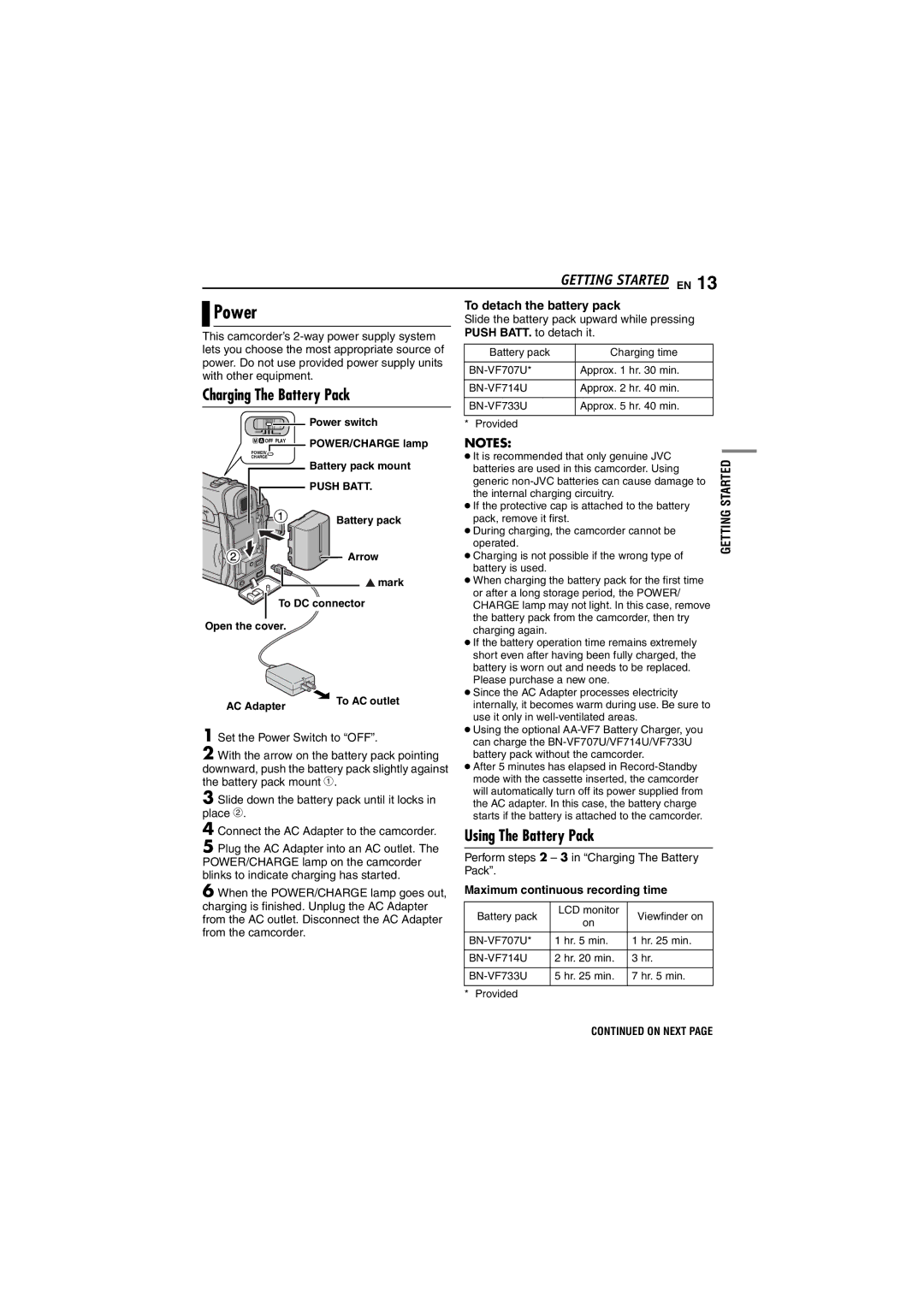 JVC GR-D290 GR-D270 manual Power, Charging The Battery Pack, Using The Battery Pack, Maximum continuous recording time 