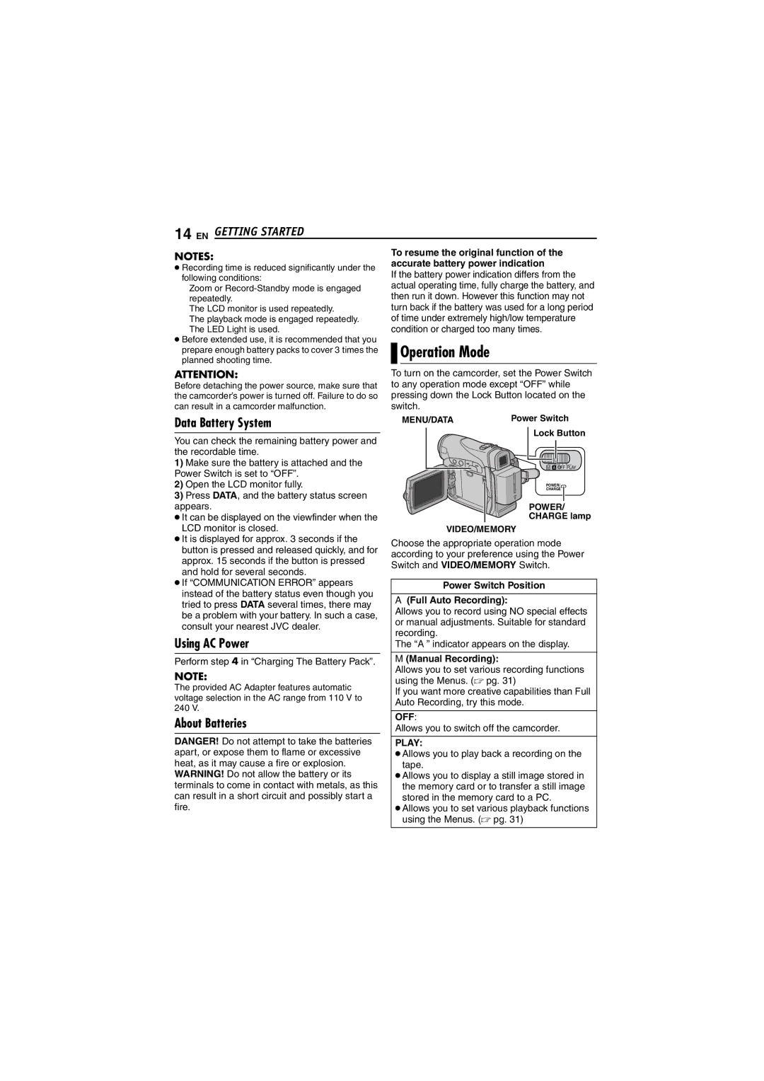 JVC GR-D290 GR-D270 manual Operation Mode, Data Battery System, Using AC Power, About Batteries 