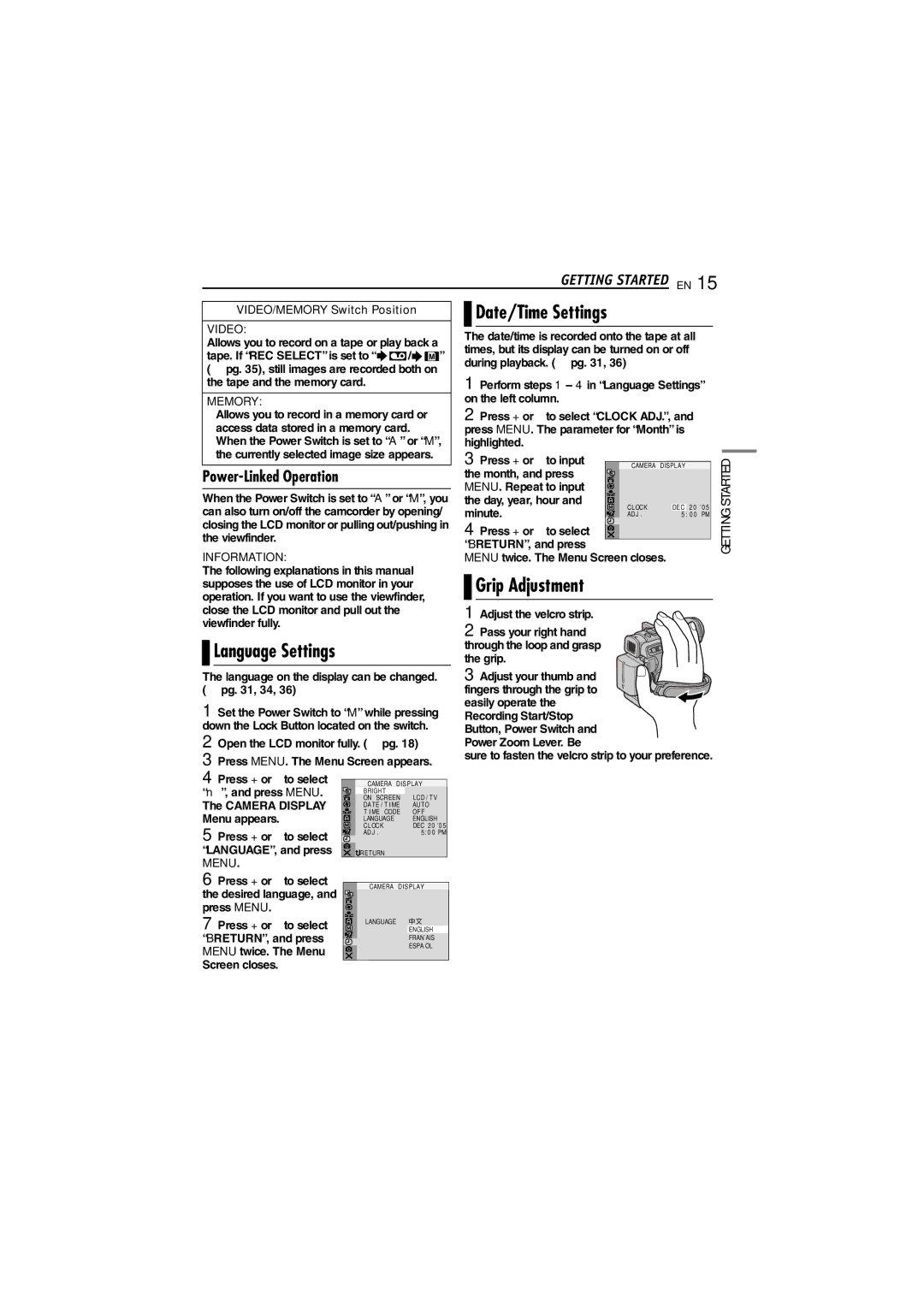 JVC GR-D290 GR-D270 manual Grip Adjustment, Language Settings, Date/Time Settings, Power-Linked Operation 