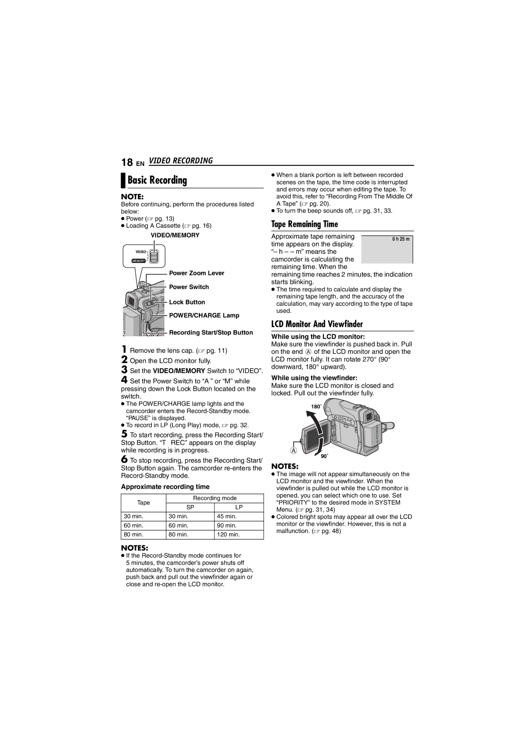 JVC GR-D290 GR-D270 manual Basic Recording, EN Video Recording, Tape Remaining Time, LCD Monitor And Viewfinder 