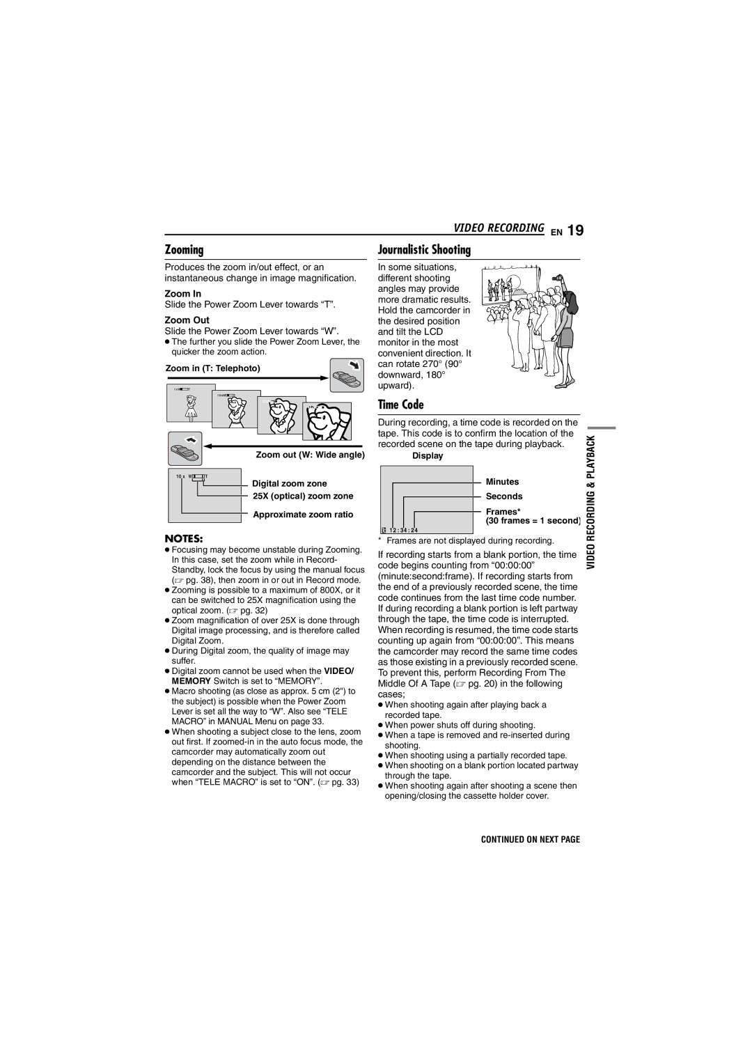 JVC GR-D290 GR-D270 manual Zooming Journalistic Shooting, Time Code, Zoom Out 