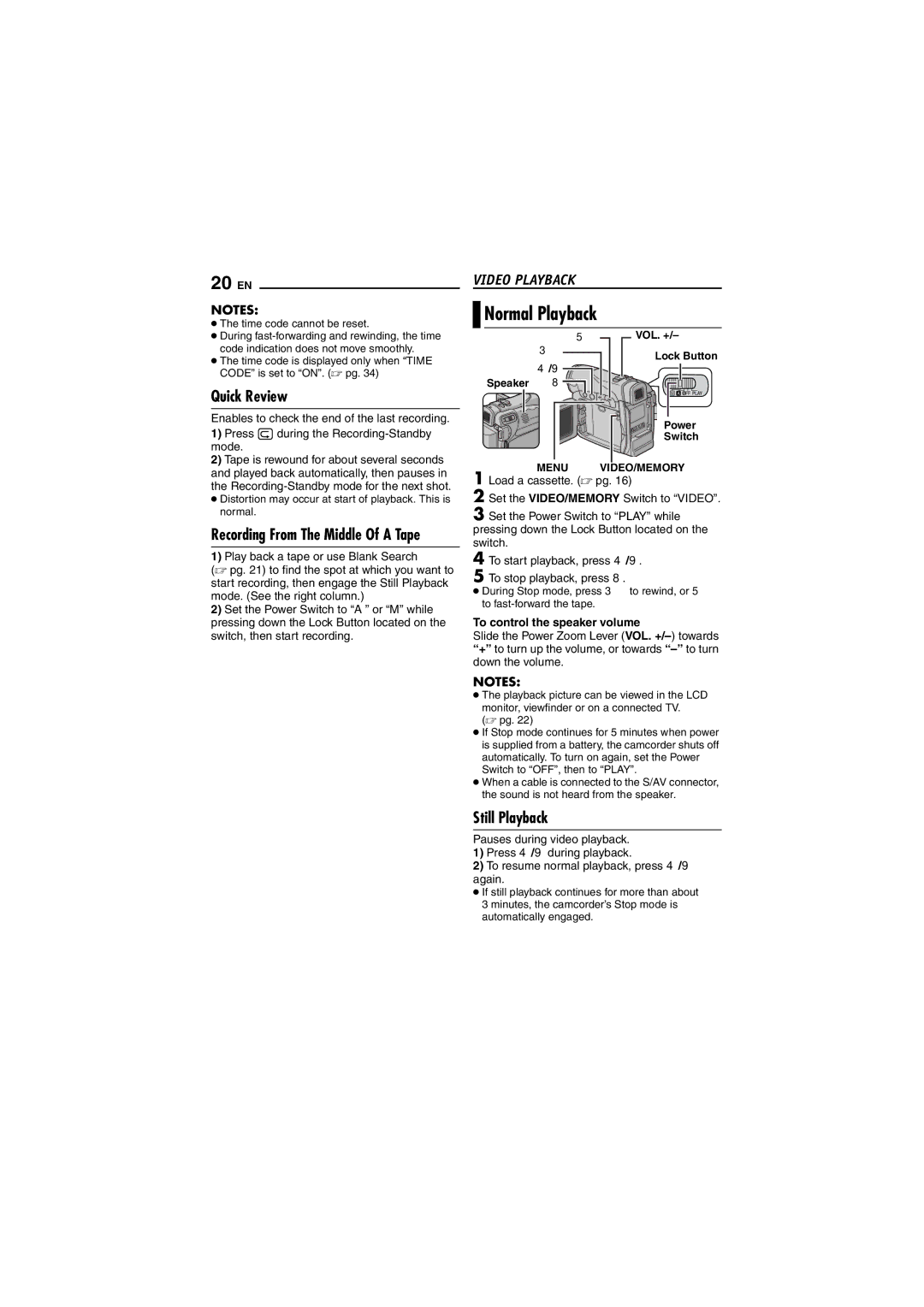 JVC GR-D290 GR-D270 manual Normal Playback, Quick Review, Video Playback, Still Playback, To control the speaker volume 