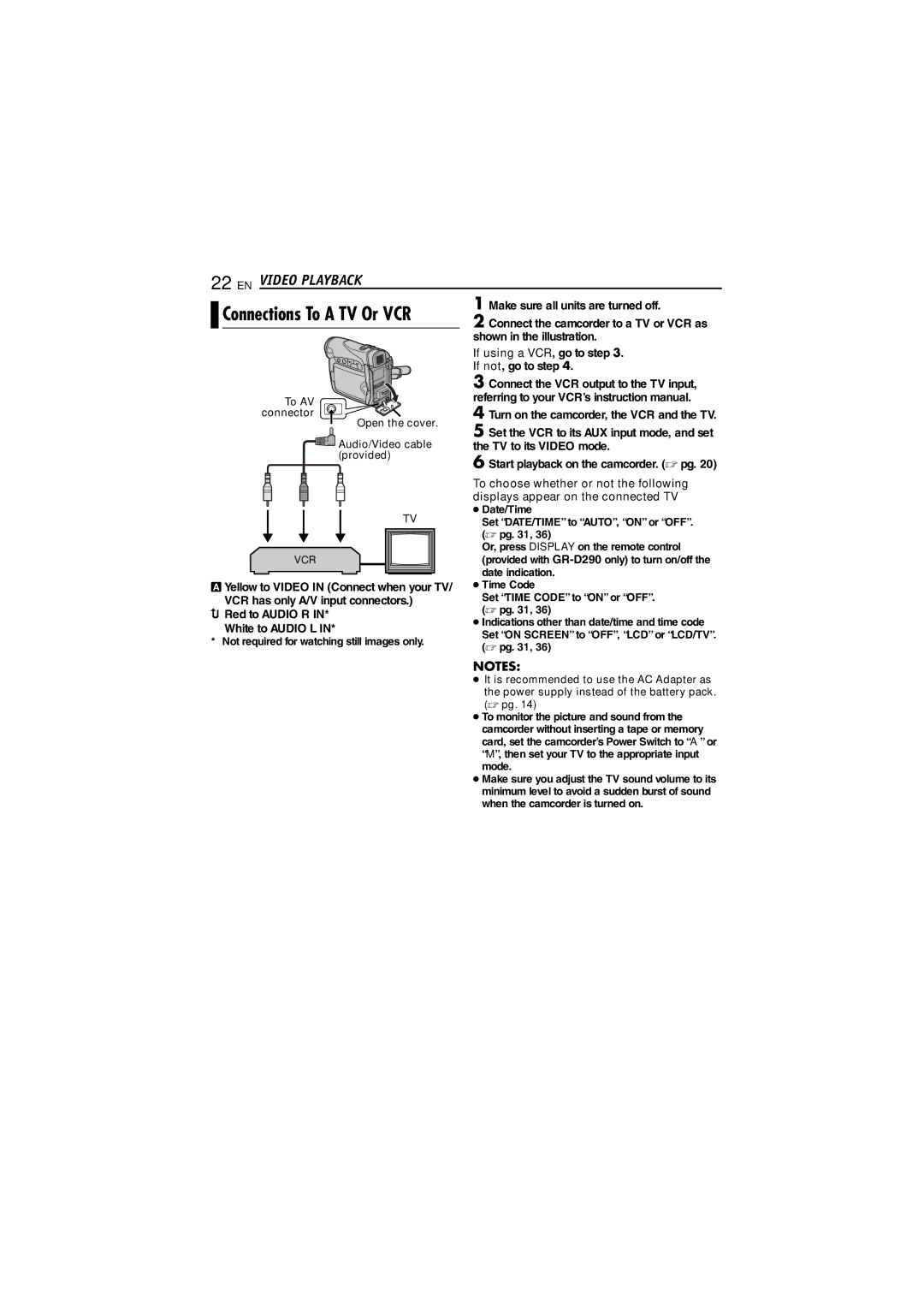 JVC GR-D290 GR-D270 manual EN Video Playback, If using a VCR, go to . If not, go to step 