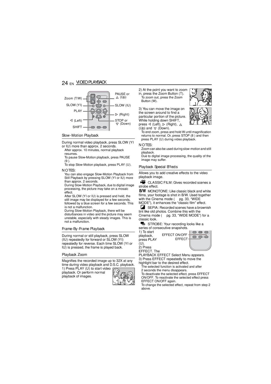 JVC GR-D290 GR-D270 manual Playback Special Effects, Frame-By-Frame Playback, Playback Zoom 