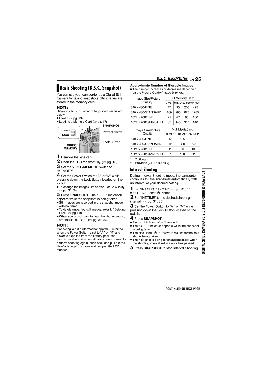 JVC GR-D290 GR-D270 manual C. Recording EN, Approximate Number of Storable Images, Press Snapshot 