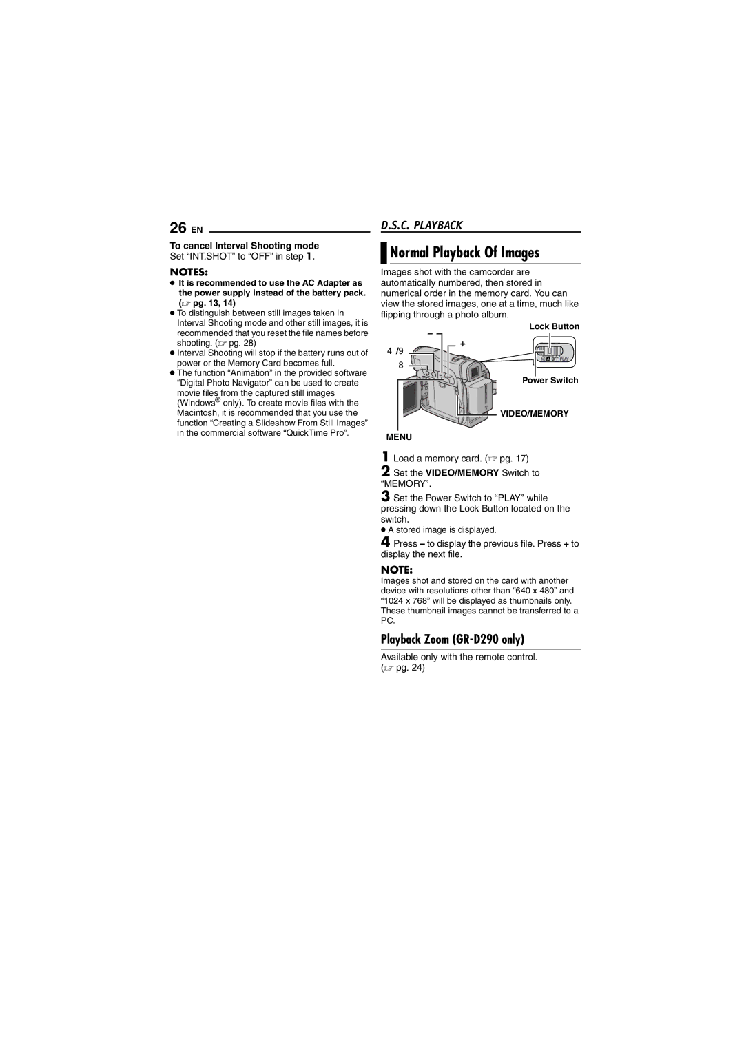 JVC GR-D290 GR-D270 Normal Playback Of Images, C. Playback, Playback Zoom GR-D290 only, To cancel Interval Shooting mode 