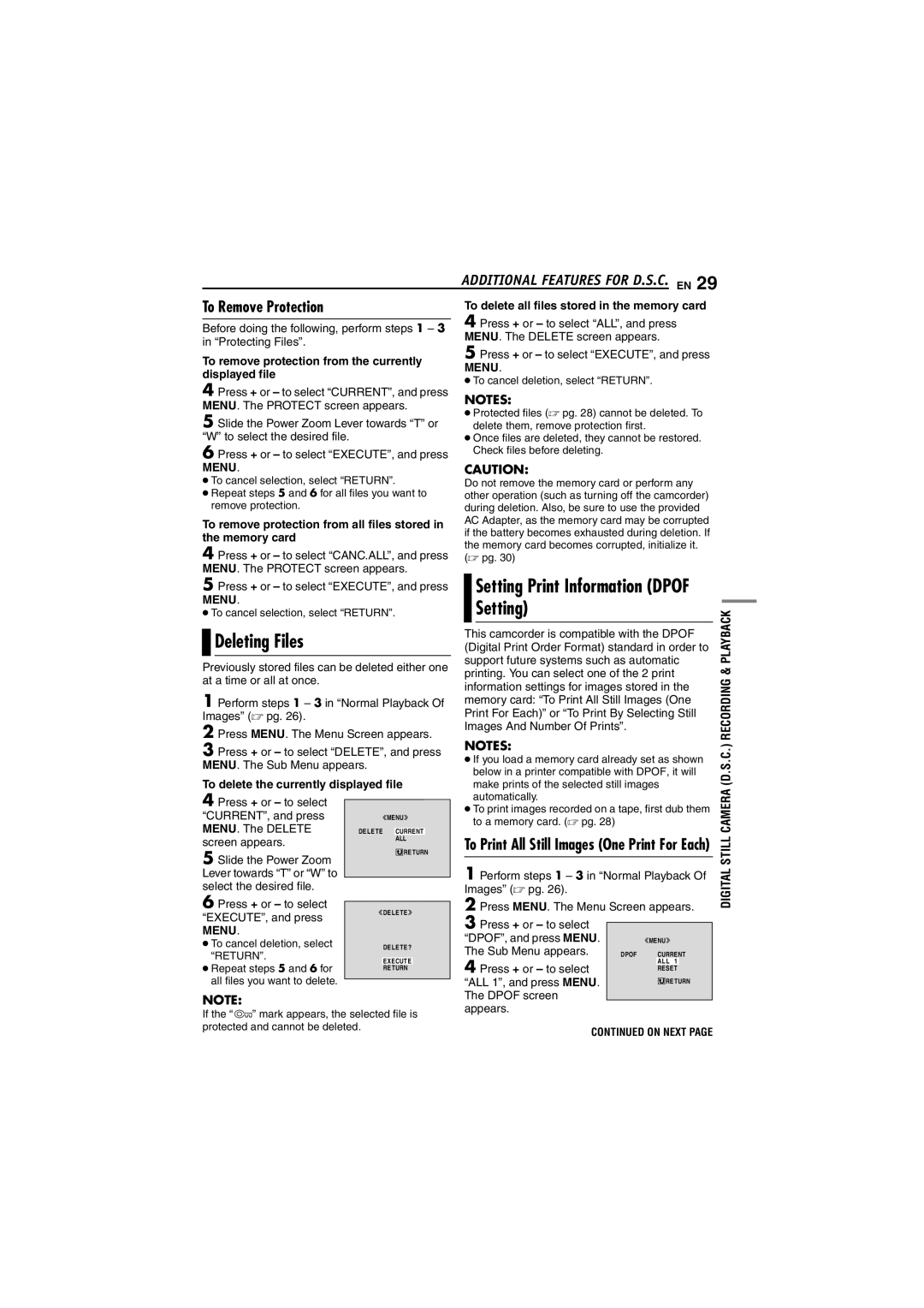 JVC GR-D290 GR-D270 manual Deleting Files, Setting Print Information Dpof Setting, To Remove Protection 