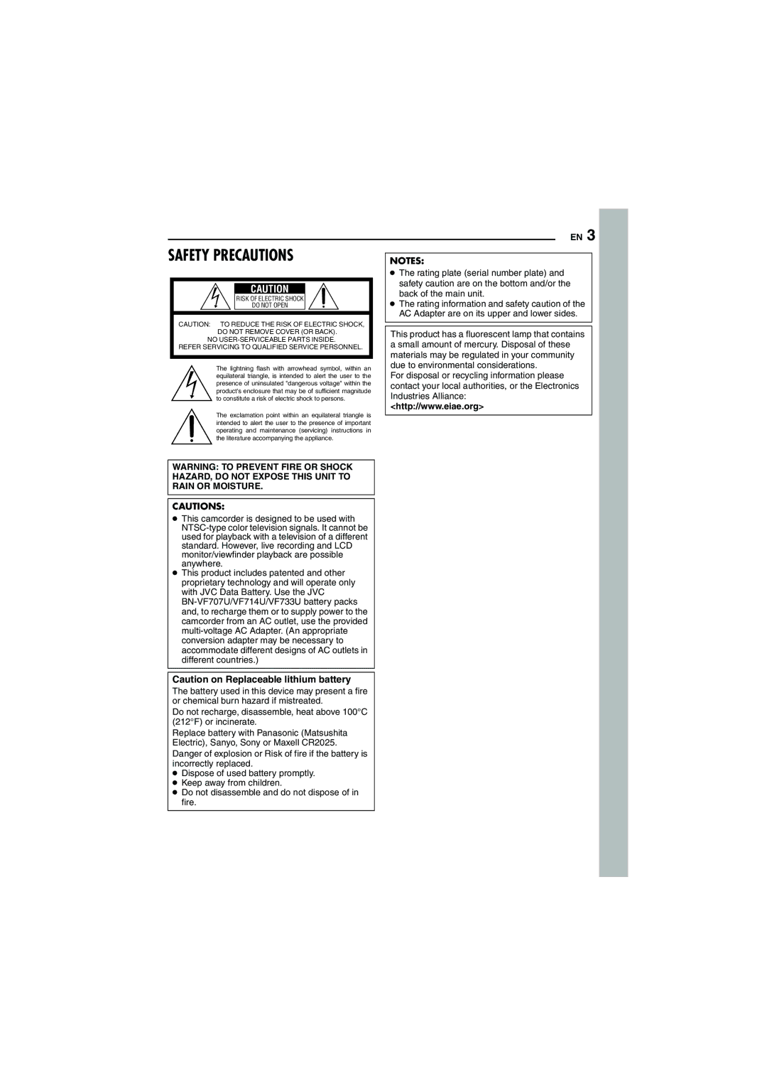 JVC GR-D290 GR-D270 manual Safety Precautions 