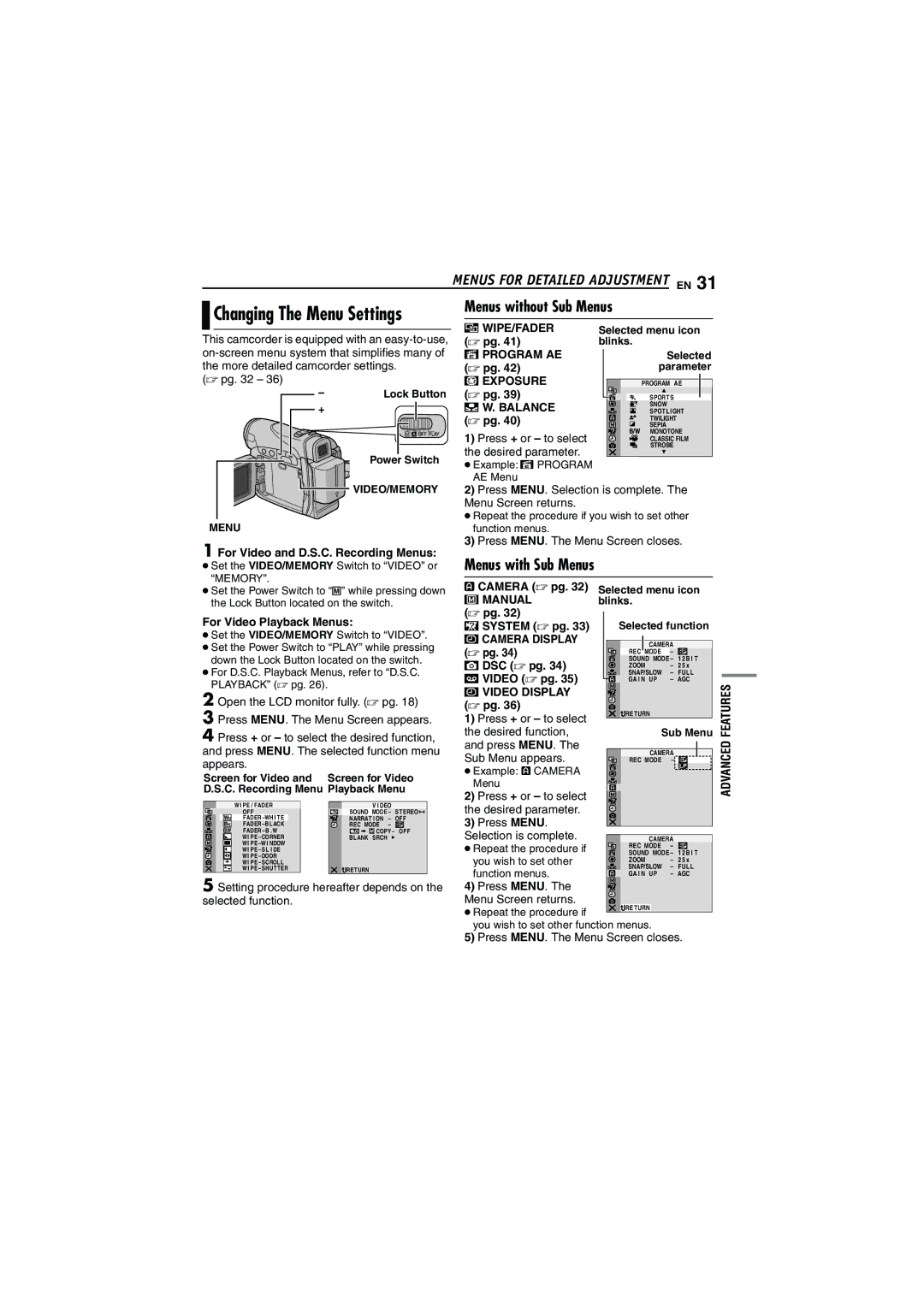 JVC GR-D290 GR-D270 manual Menus for Detailed Adjustment EN, Menus without Sub Menus, Menus with Sub Menus 