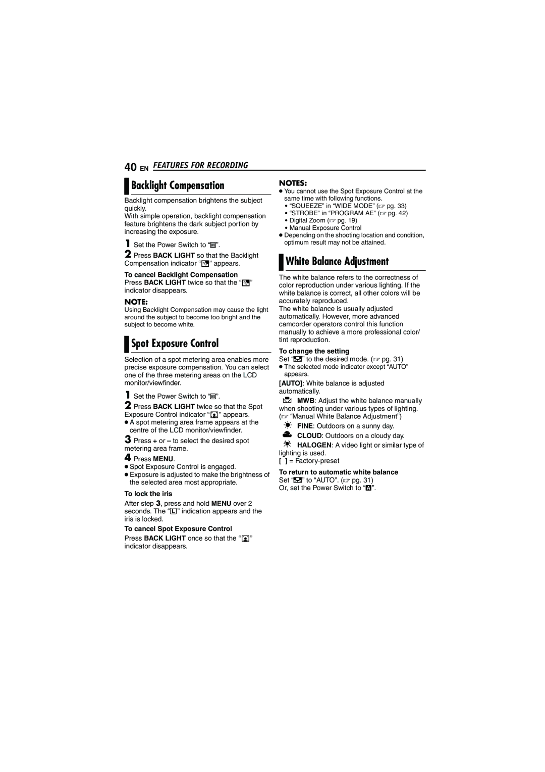 JVC GR-D290 GR-D270 manual Backlight Compensation, White Balance Adjustment, Spot Exposure Control 