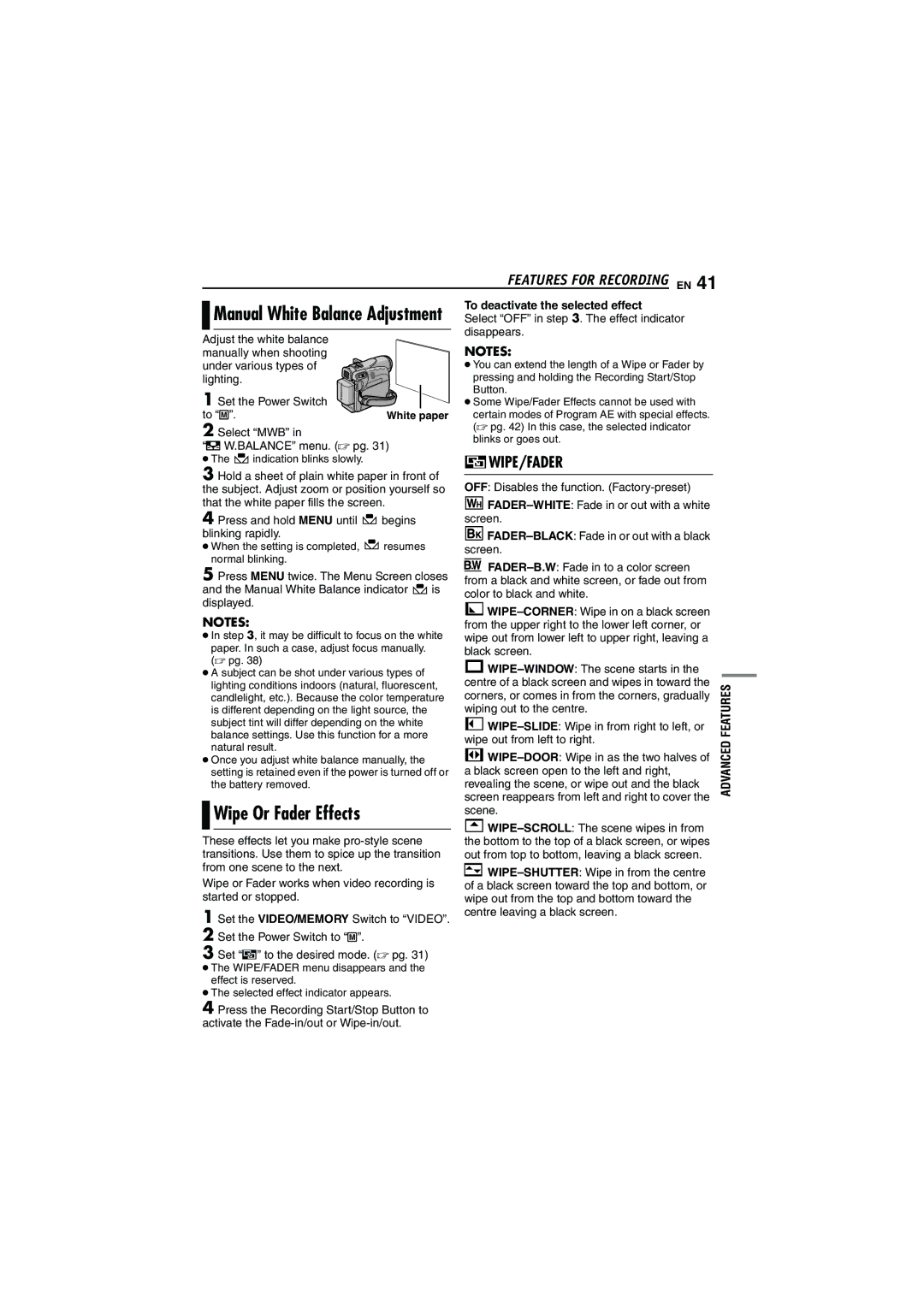 JVC GR-D290 GR-D270 manual Wipe Or Fader Effects, To deactivate the selected effect 