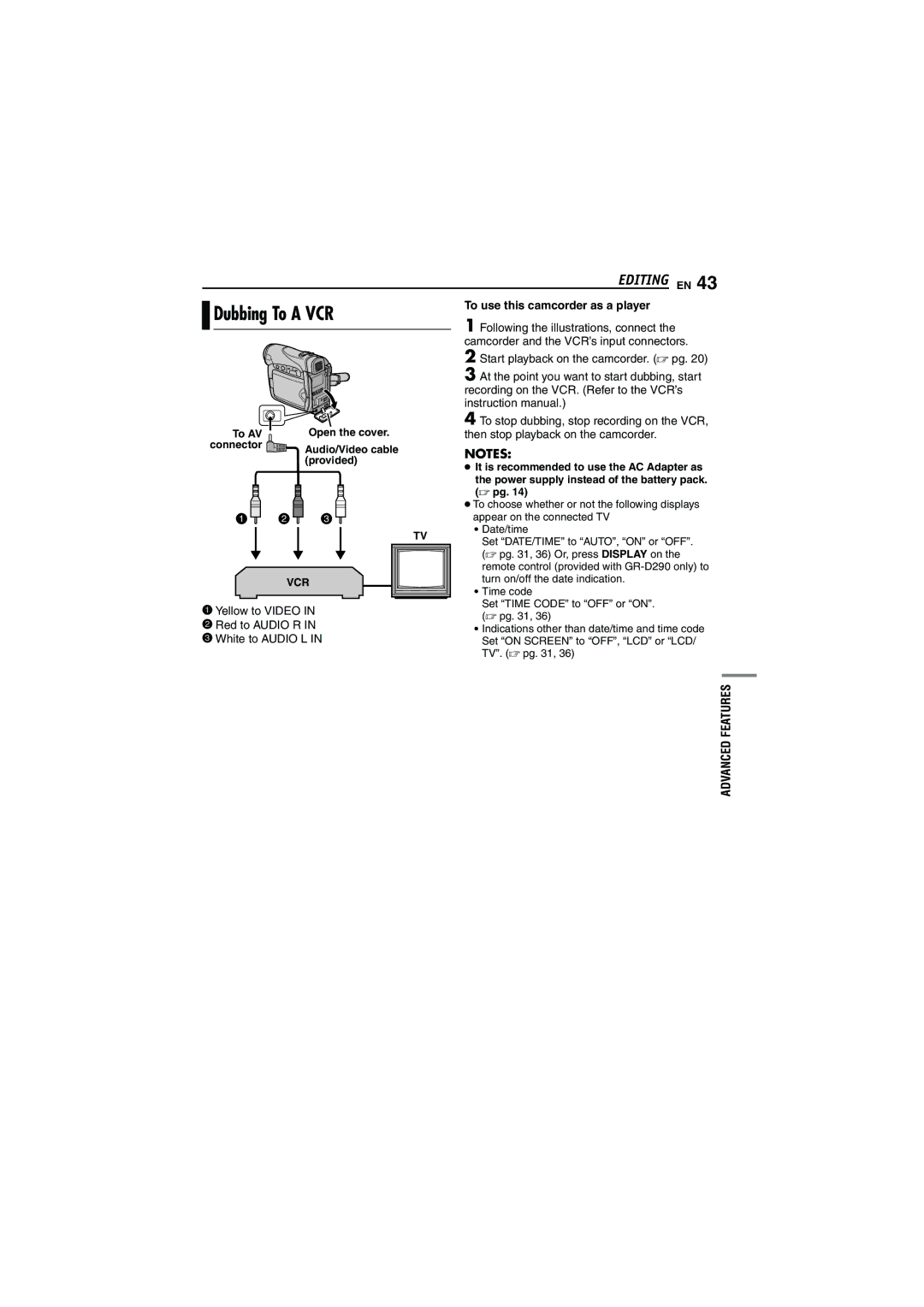 JVC GR-D290 GR-D270 Dubbing To a VCR, Editing EN, To use this camcorder as a player, Following the illustrations, connect 