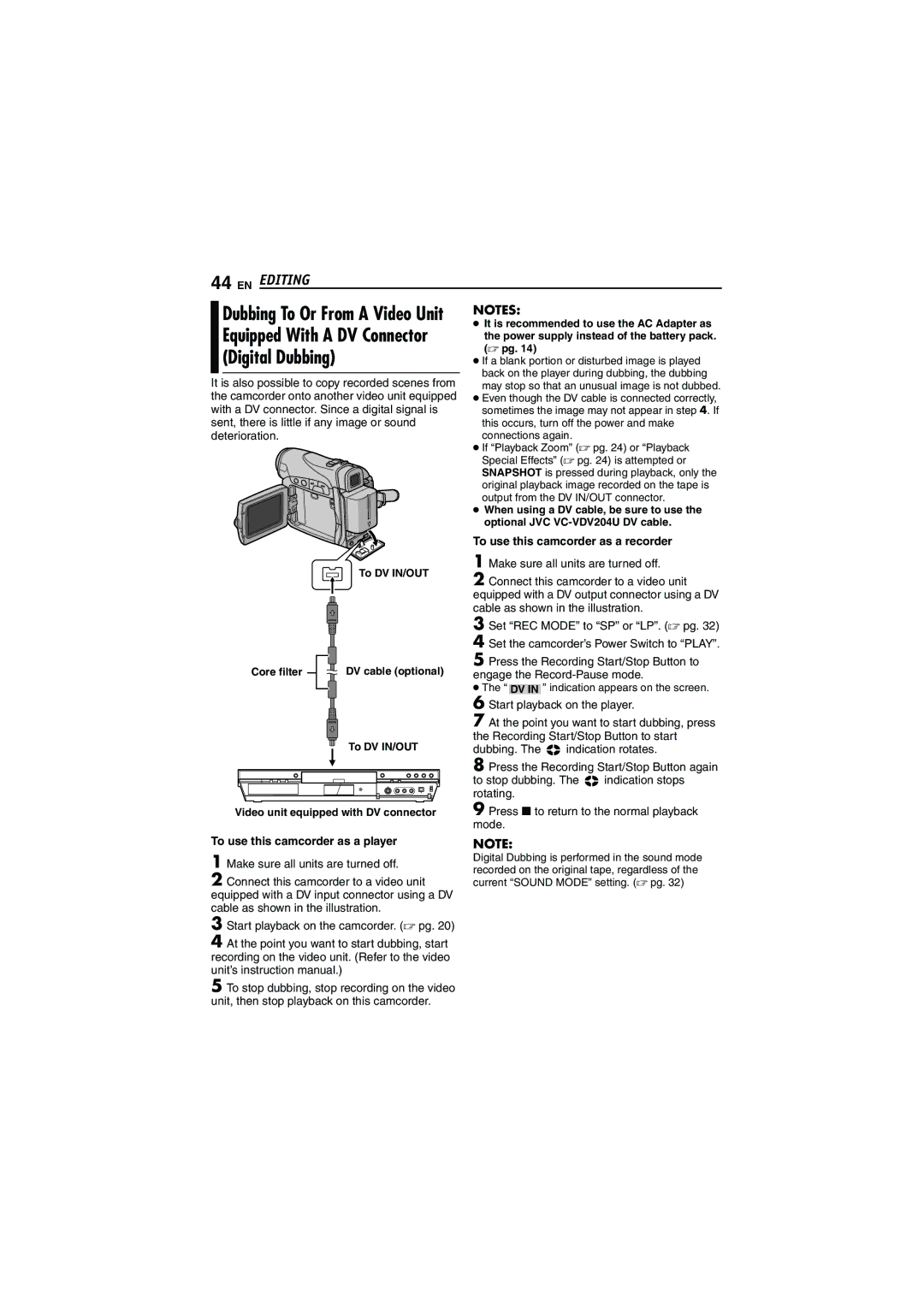 JVC GR-D290 GR-D270 Digital Dubbing, EN Editing, Dubbing To Or From a Video Unit, To use this camcorder as a recorder 