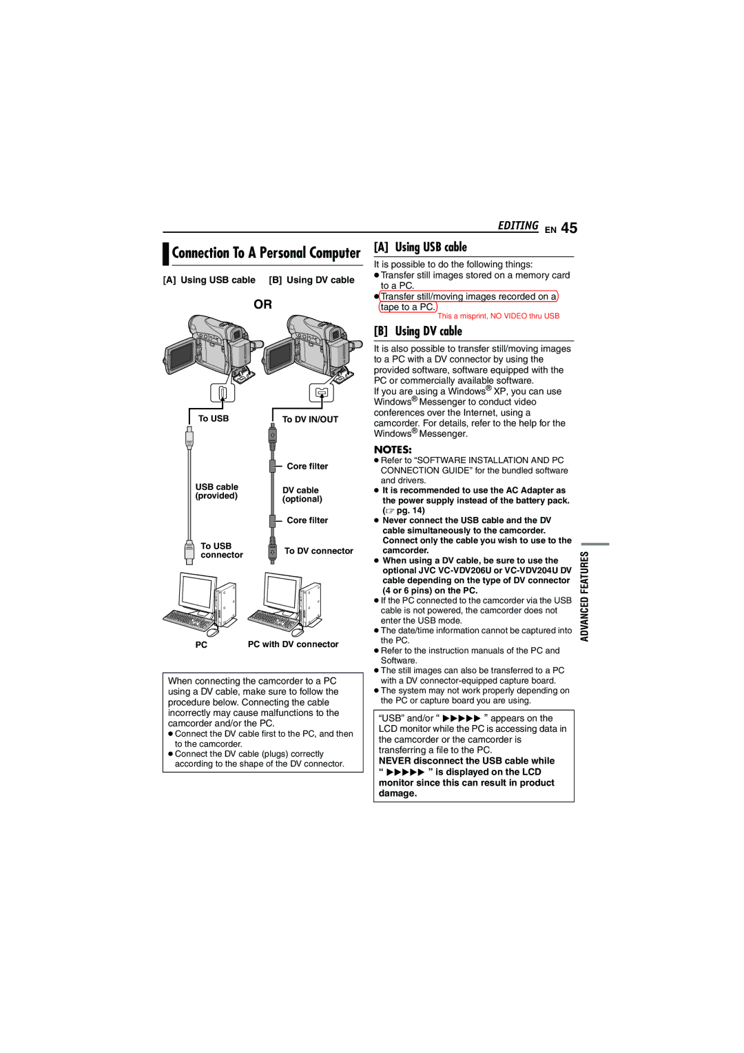 JVC GR-D290 GR-D270 manual Using USB cable B Using DV cable 