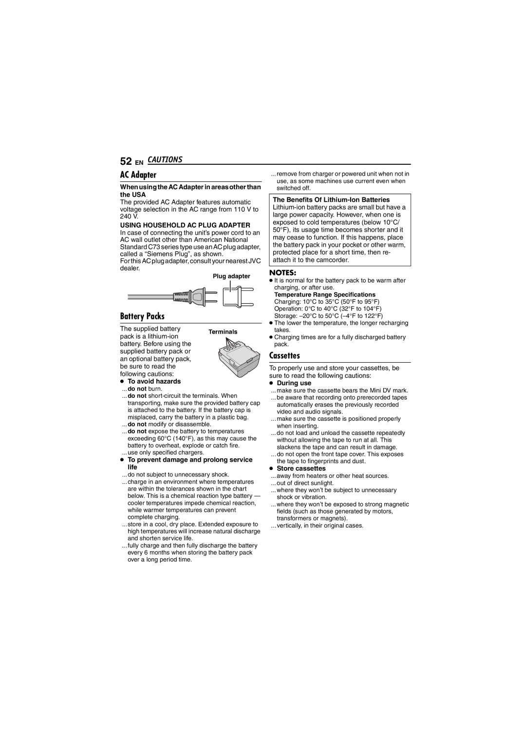 JVC GR-D290 GR-D270 manual EN Cautions, AC Adapter, Battery Packs, Cassettes, Using Household AC Plug Adapter 