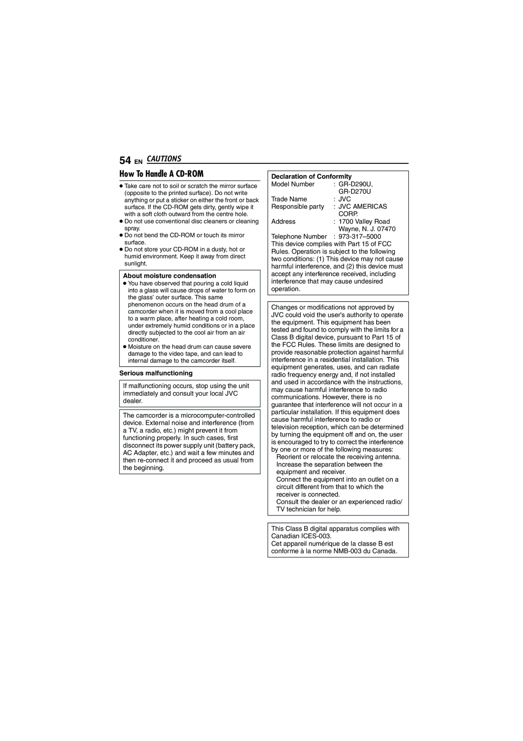 JVC GR-D290 GR-D270 How To Handle a CD-ROM, Declaration of Conformity, About moisture condensation, Serious malfunctioning 